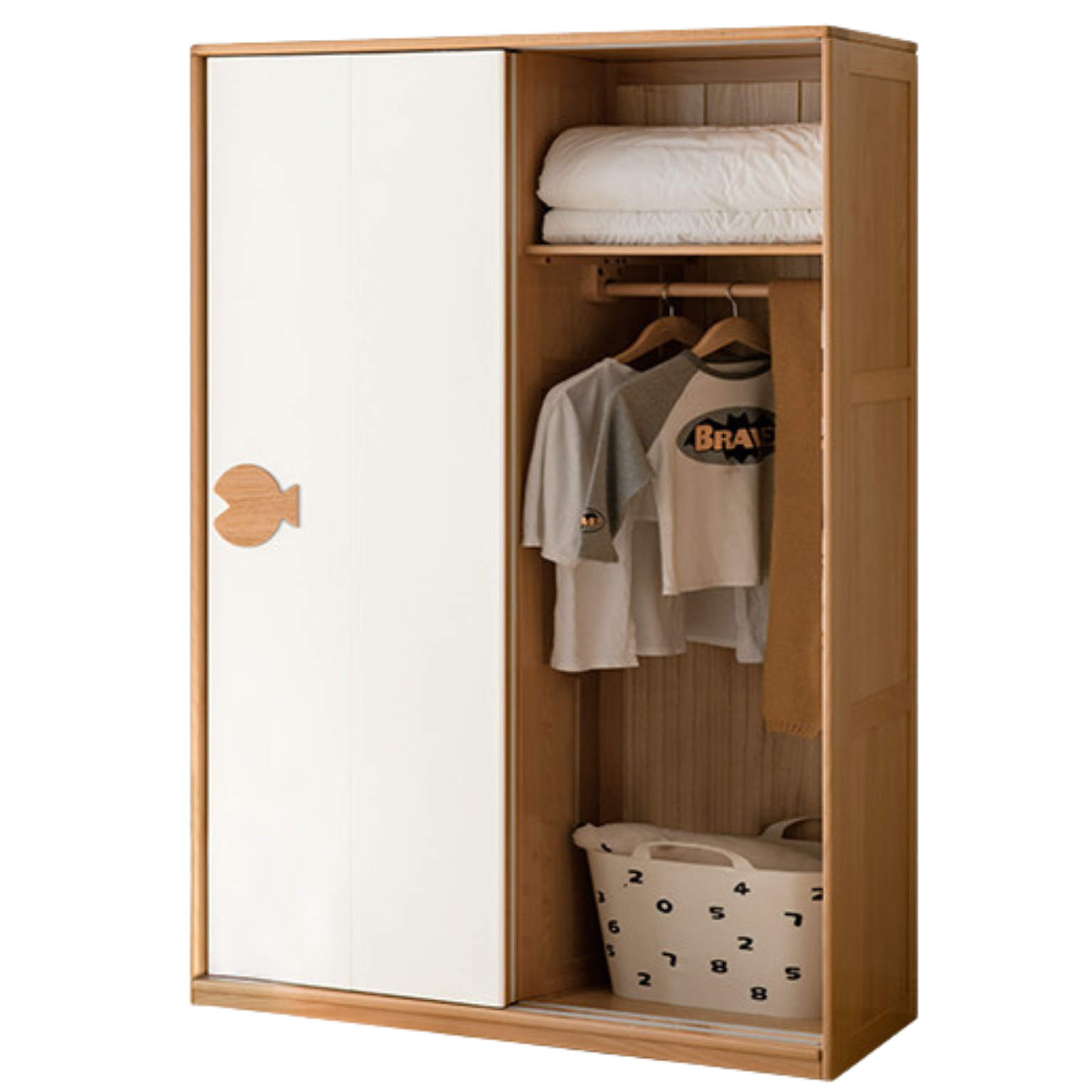 Oak Solid Wood Children's Sliding Door Wardrobe Storage Cabinet