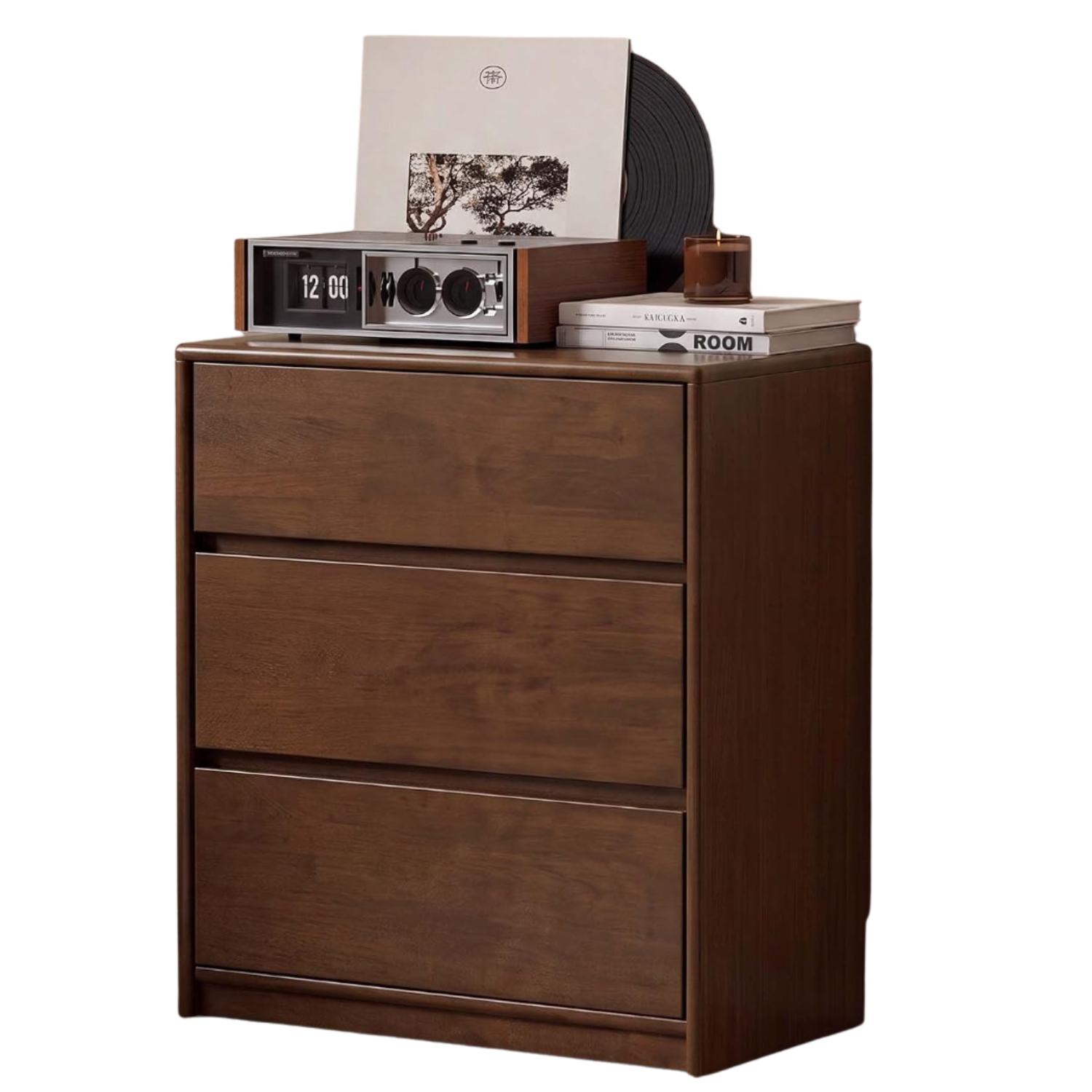 Black Walnut, Solid Rubberwood Wood Tall Accent Cabinet with Sliding Glass Door and Drawers