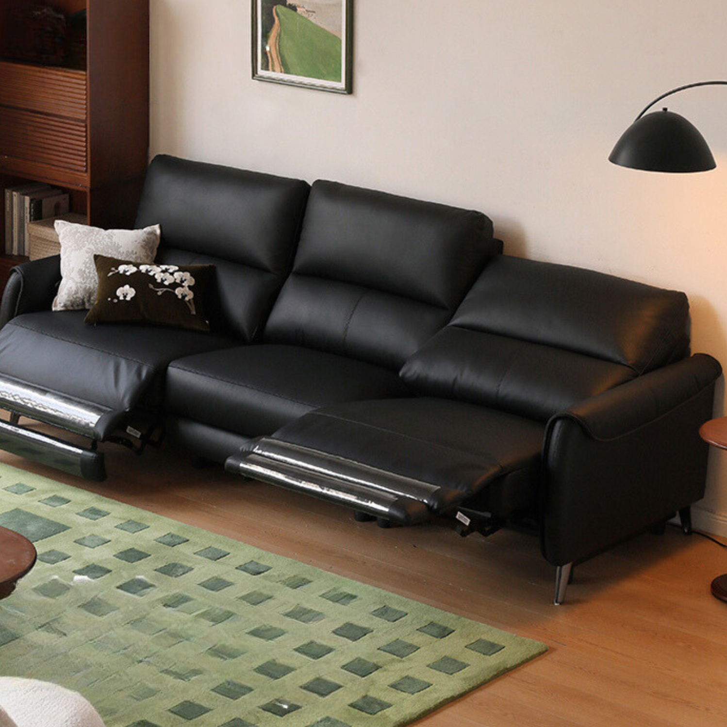 Leather Top Layer Yellow Cowhide Black Multifunctional Electric Sofa,