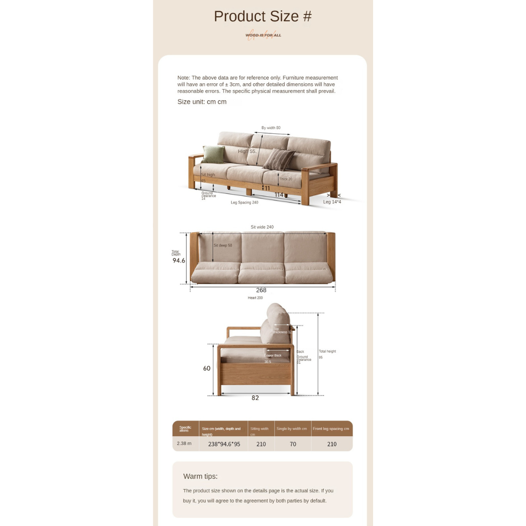 Oak Solid Wood Fabric Straight Sofa Modern.