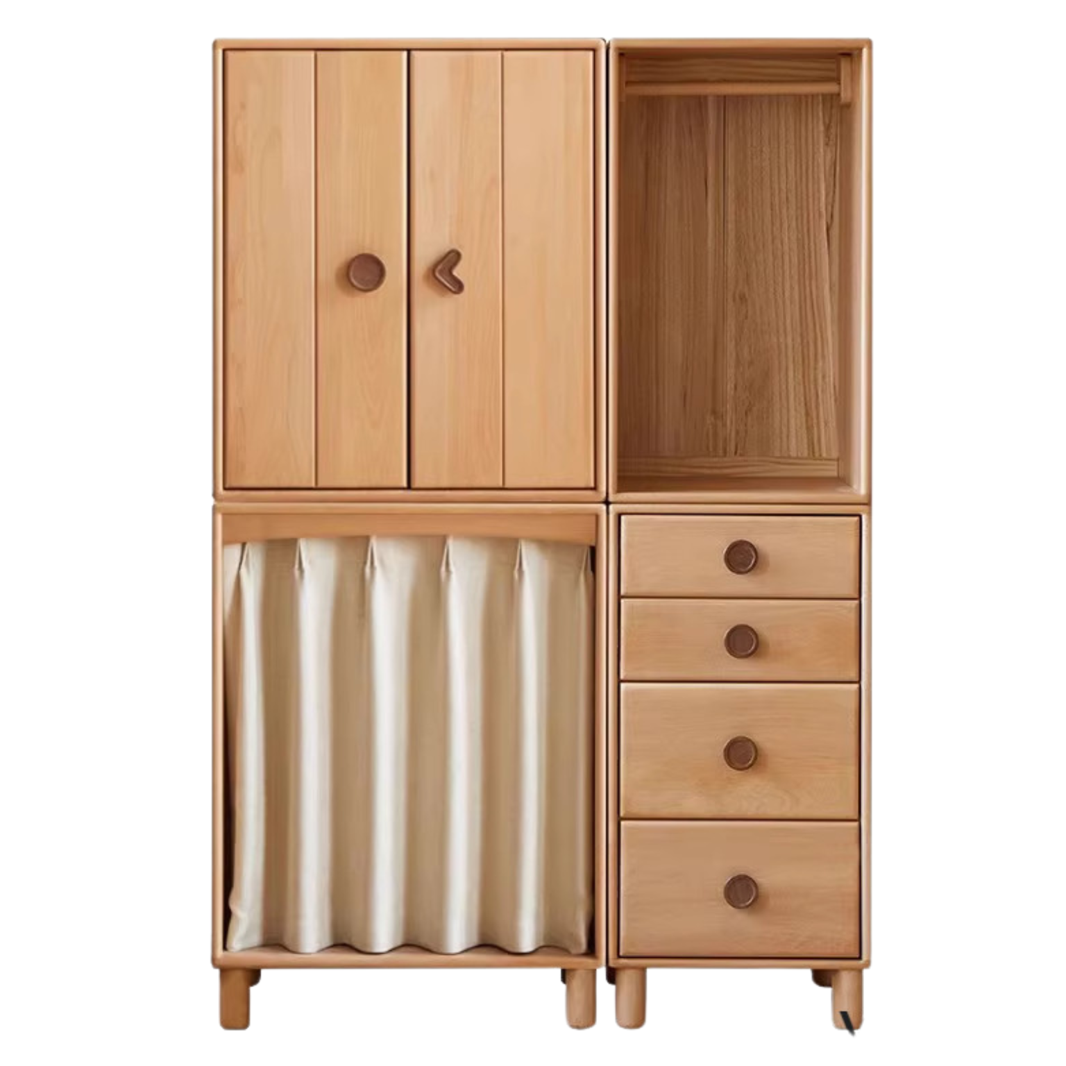 Beech, Rubber Solid Wood Children's Wardrobe,Combination Storage Cabinet