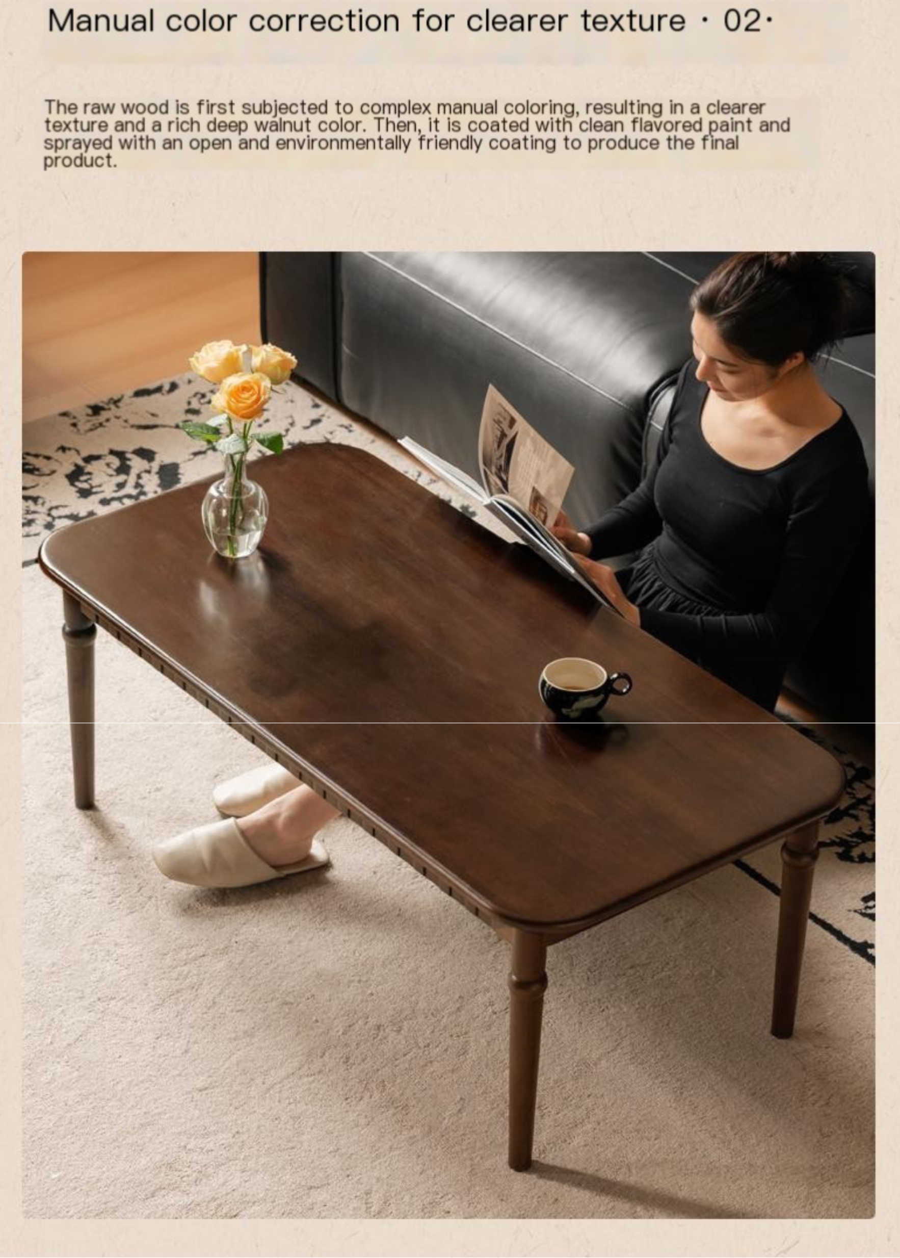 Poplar Solid Wood French Retro Rectangular Coffee Table.