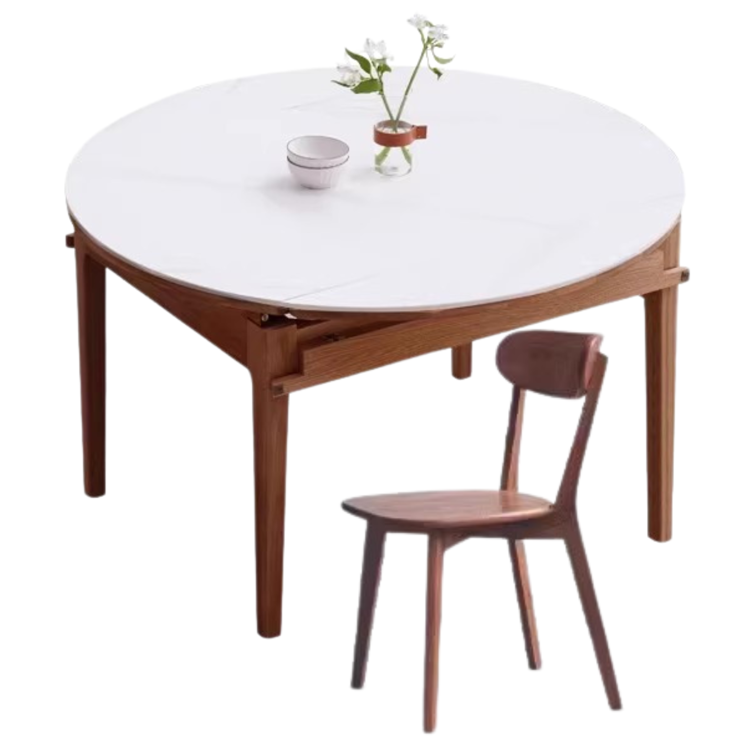 Oak, Solid Rubberwood Round Folding Dining Table With Rock Slab Surface