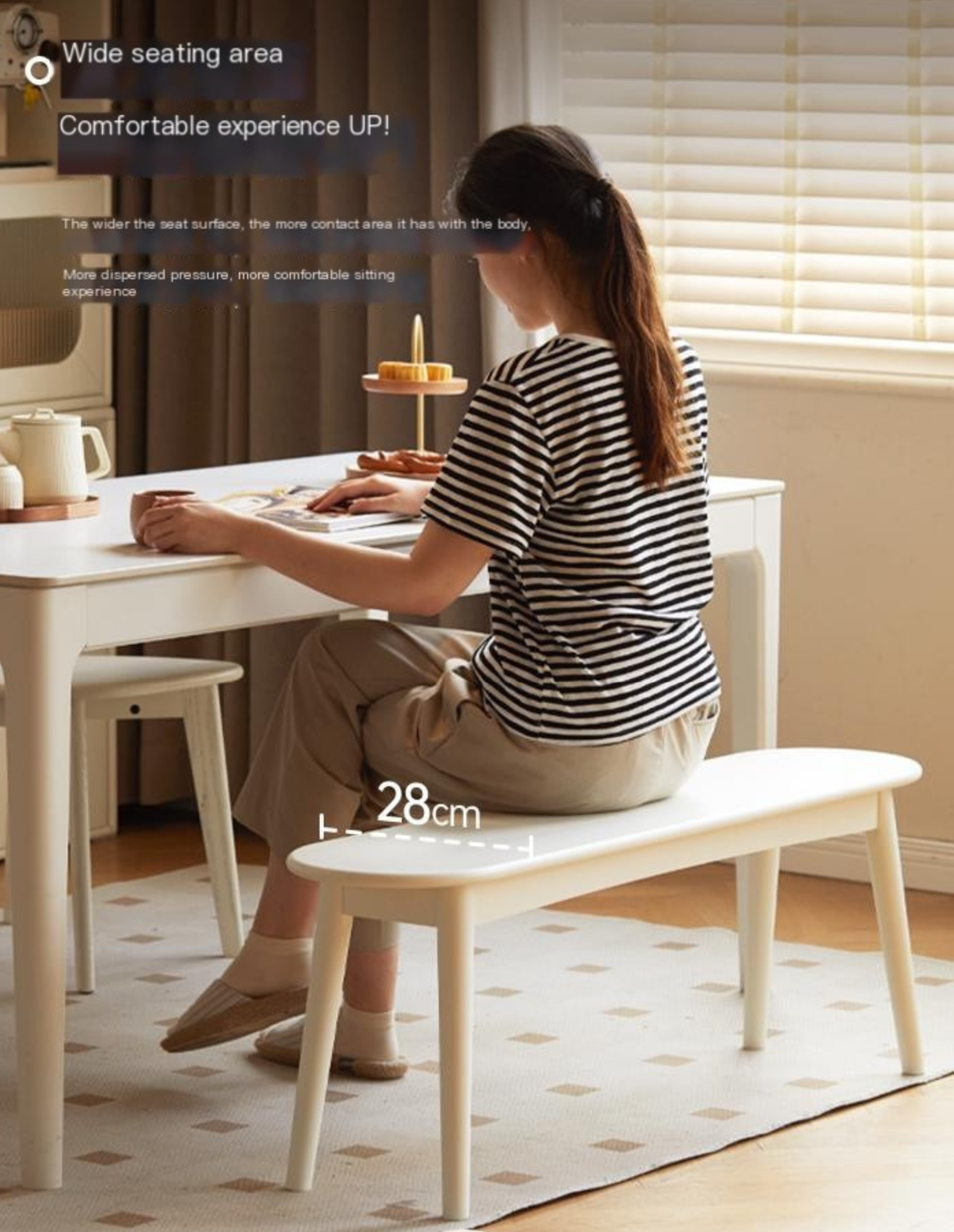 Solid Rubberwood French Cream Style Long Bench