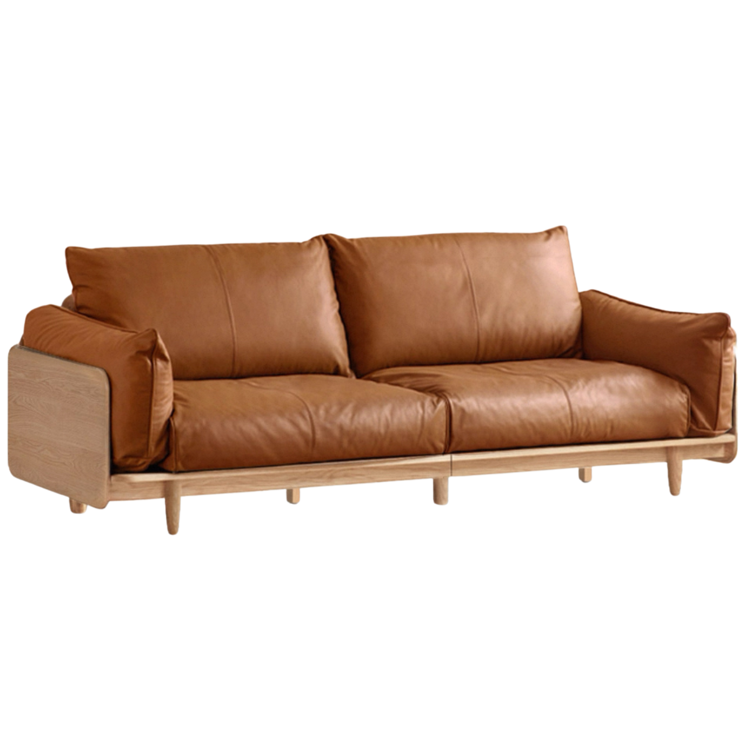 Oak, Ash Solid Wood Sofa with Exposed Wide Arms, High-Back, Genuine leather -fabric