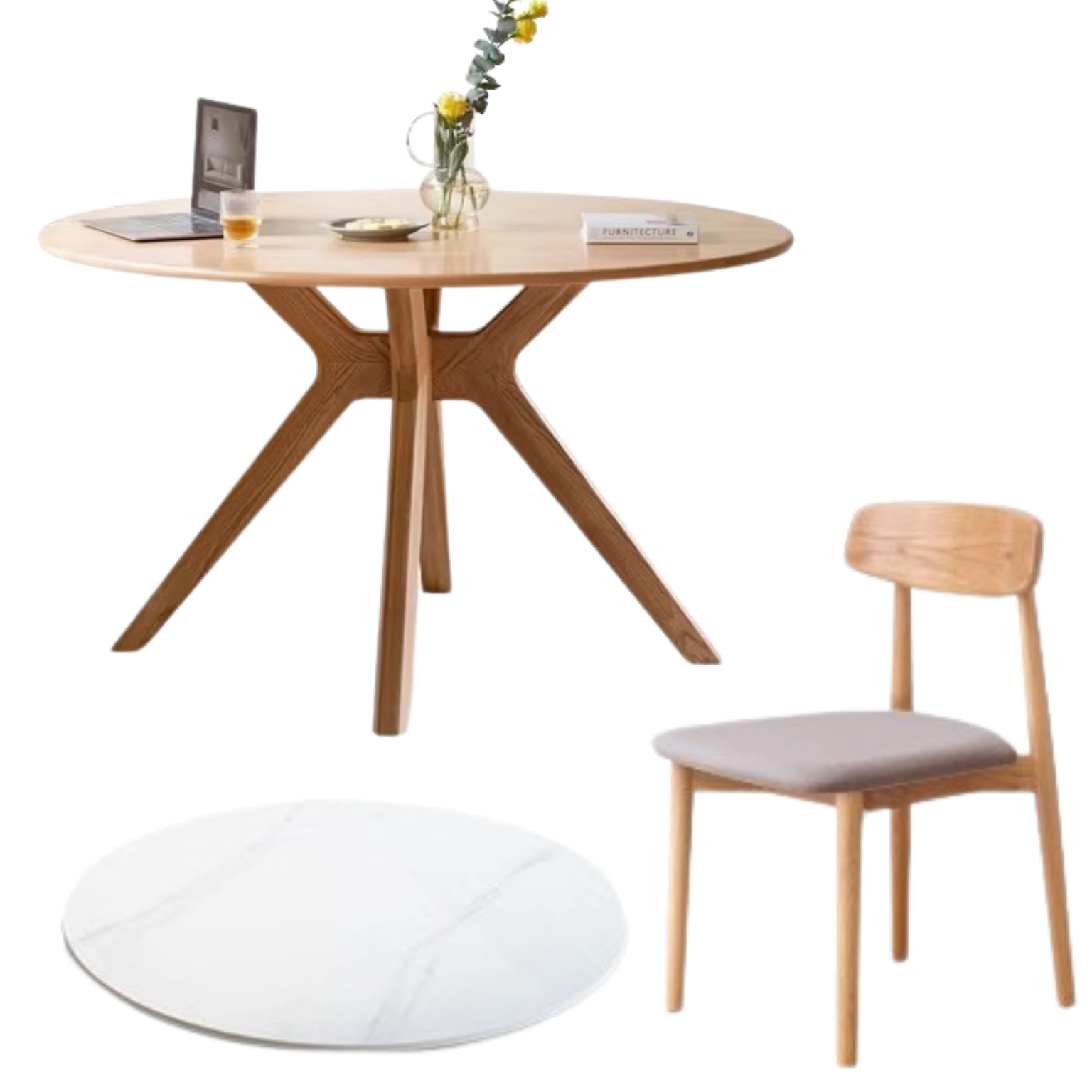 Oak Solid Wood Round Nordic Dining Table With Rock Slab Surface