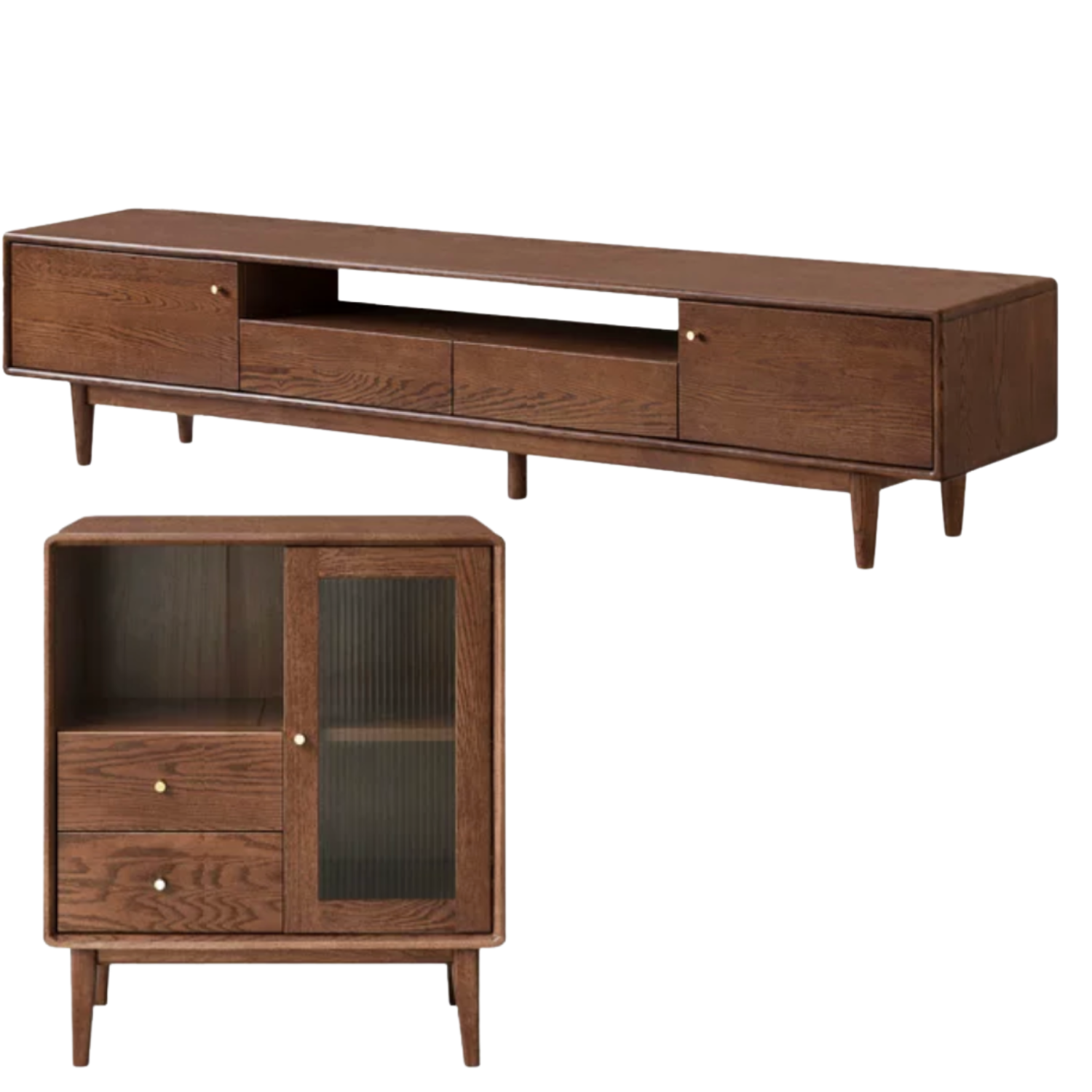 Oak Solid Wood Mid-Century TV Console with Tapered Legs