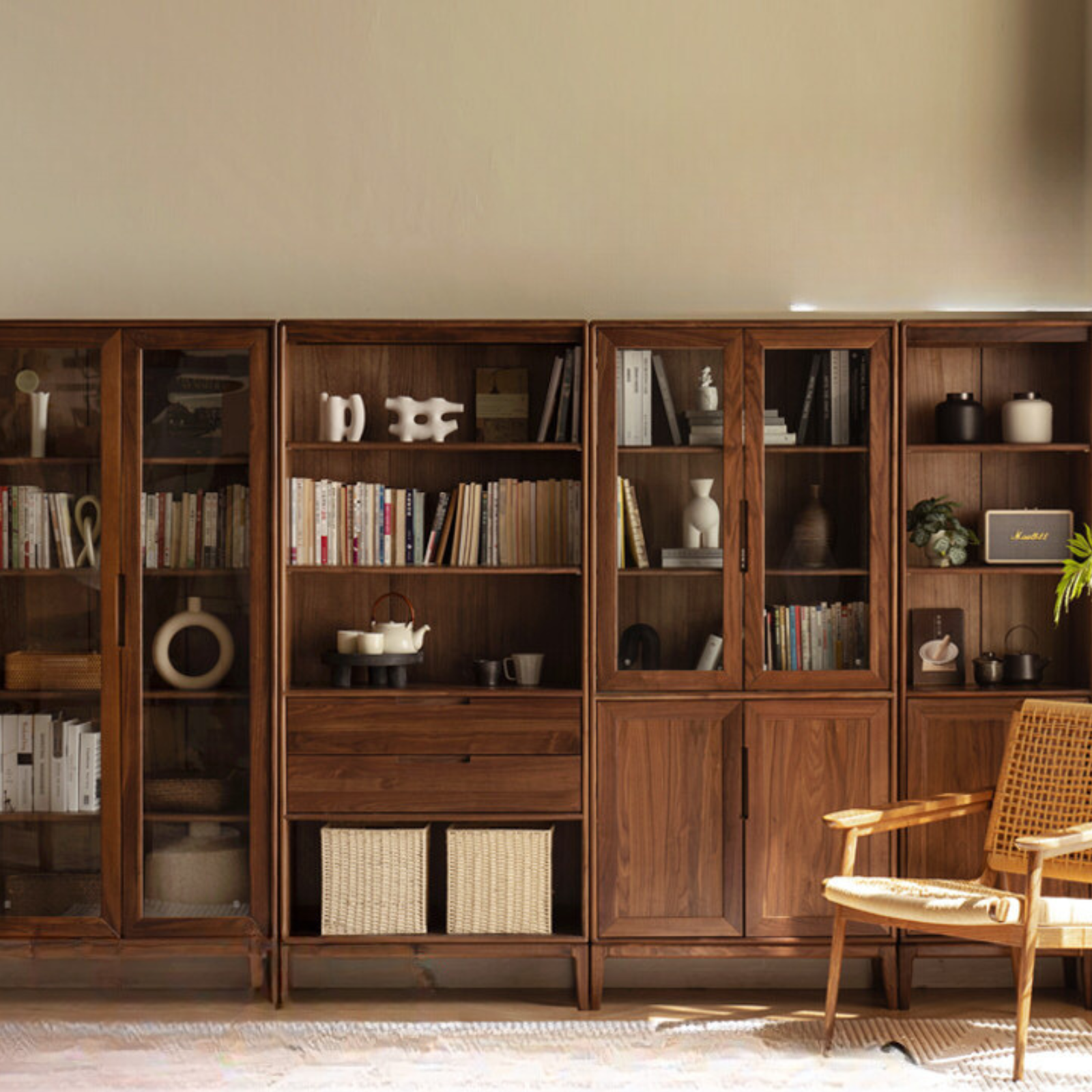 Black Walnut, Ash Solid Wood Combination Dust-Proof Glass Door Bookshelf