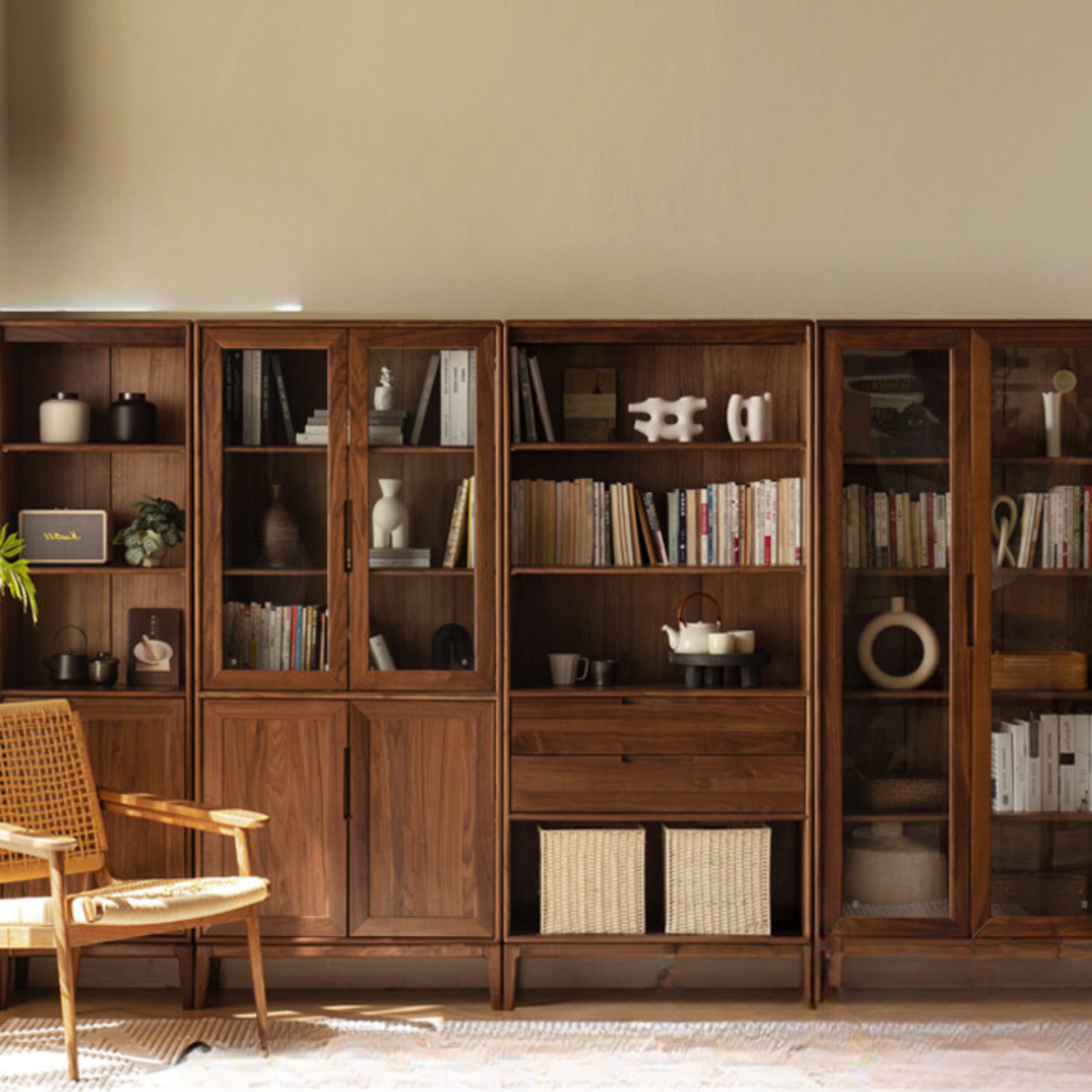Black Walnut, Ash Solid Wood Combination Dust-Proof Glass Door Bookshelf