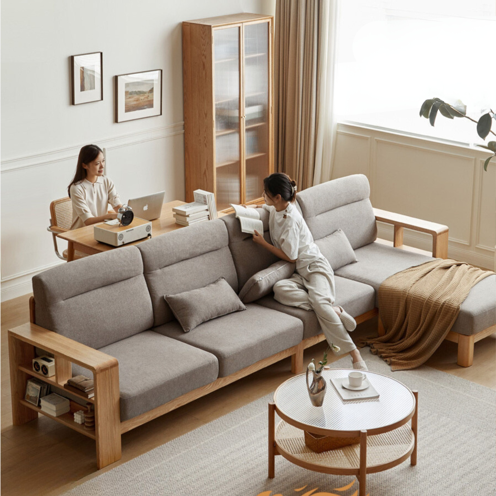 Oak Solid Wood Sectional Sofa-two colors available