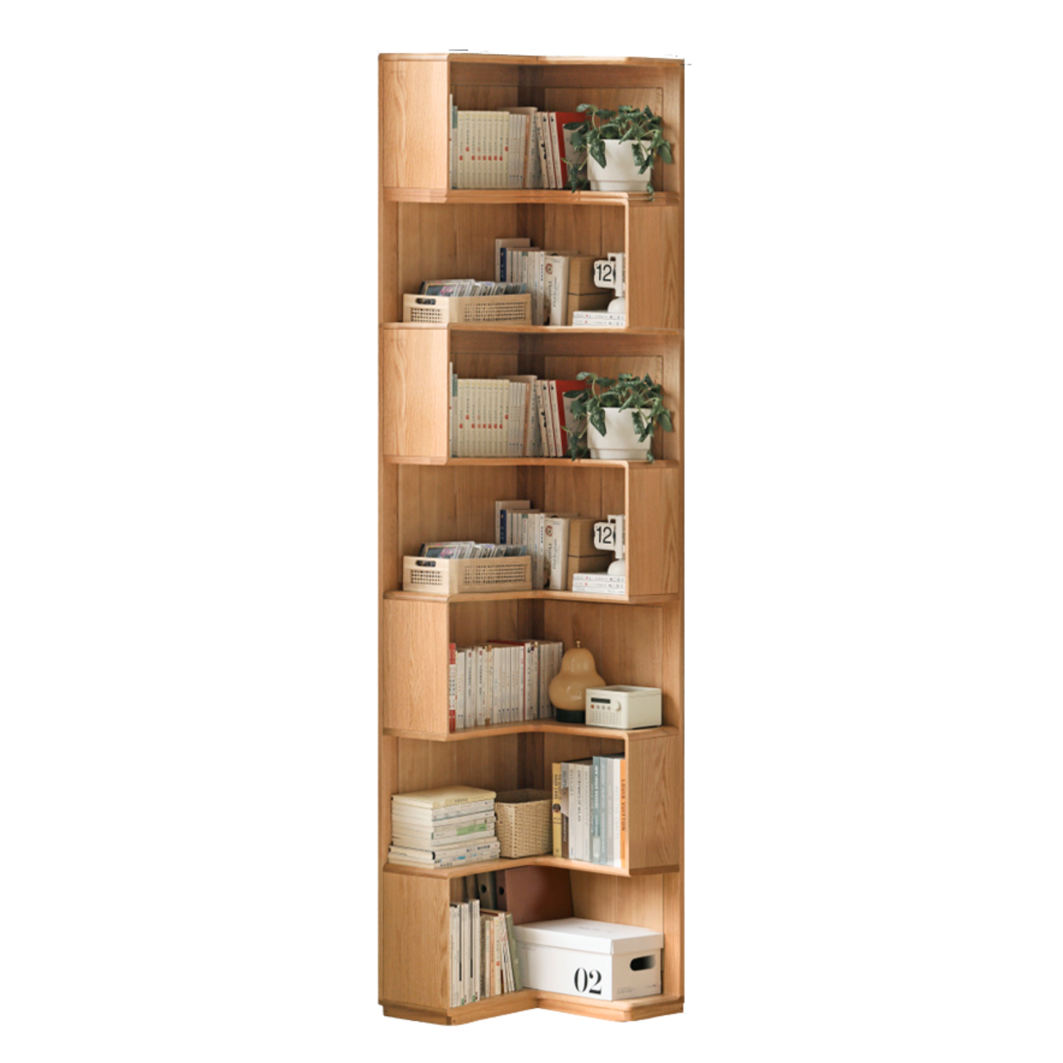 Oak Solid Wood Corner Bookshelf with Floor-Standing Storage Cabinet