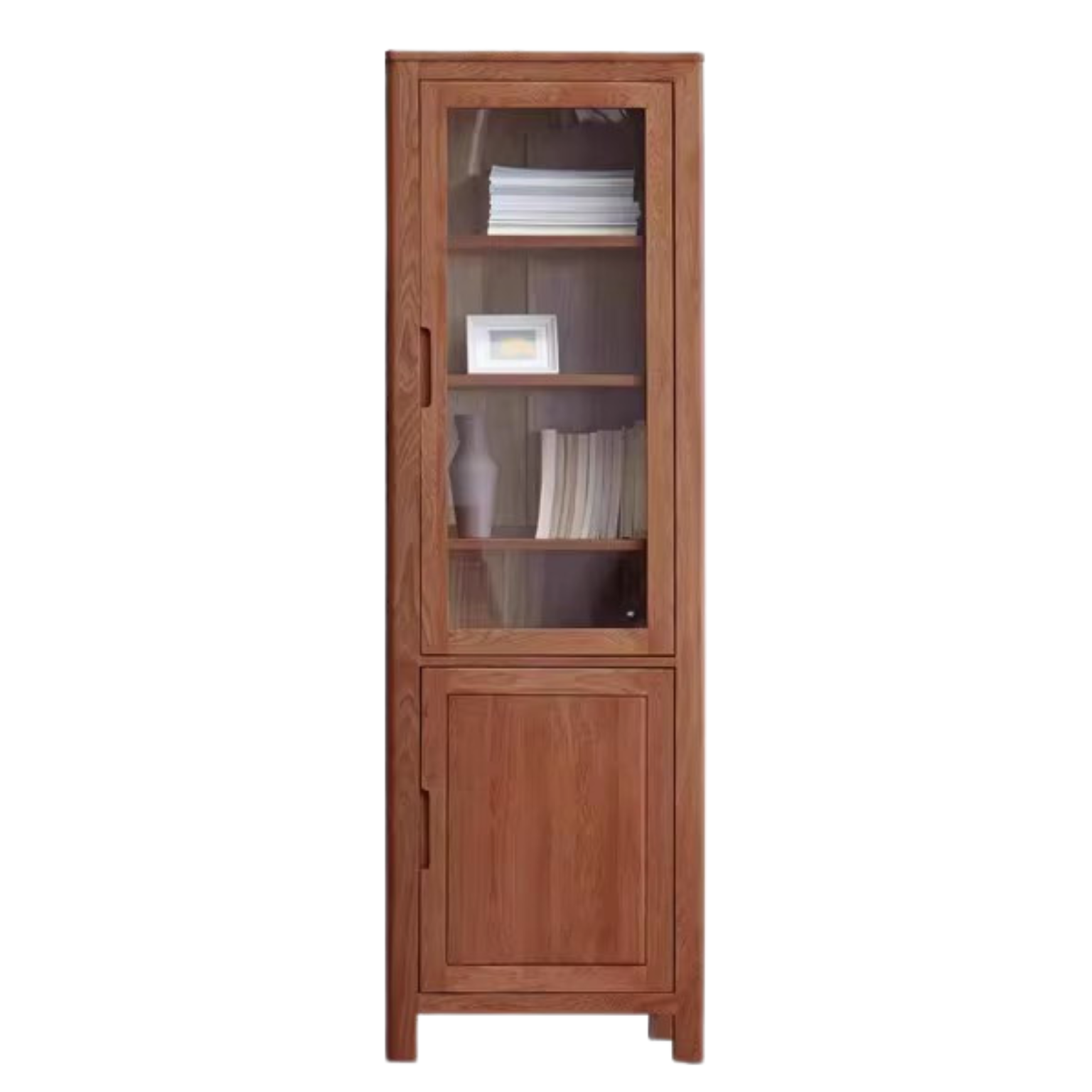 Oak Solid Wood Narrow Bookcase With Doors