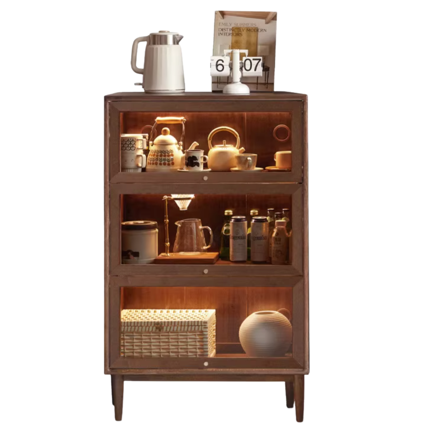 Solid Rubberwood, Black Walnut, Sandalwood, Oak Solid Wood Glass Flip Door Bookcase