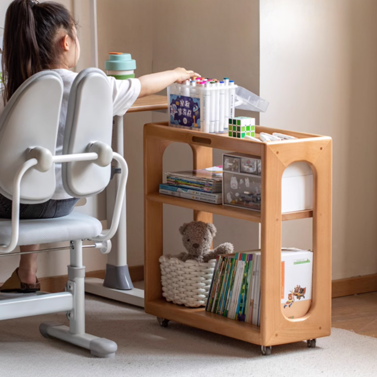 Beech Solid Wood Kids Under-Table Cabinet with Wheels