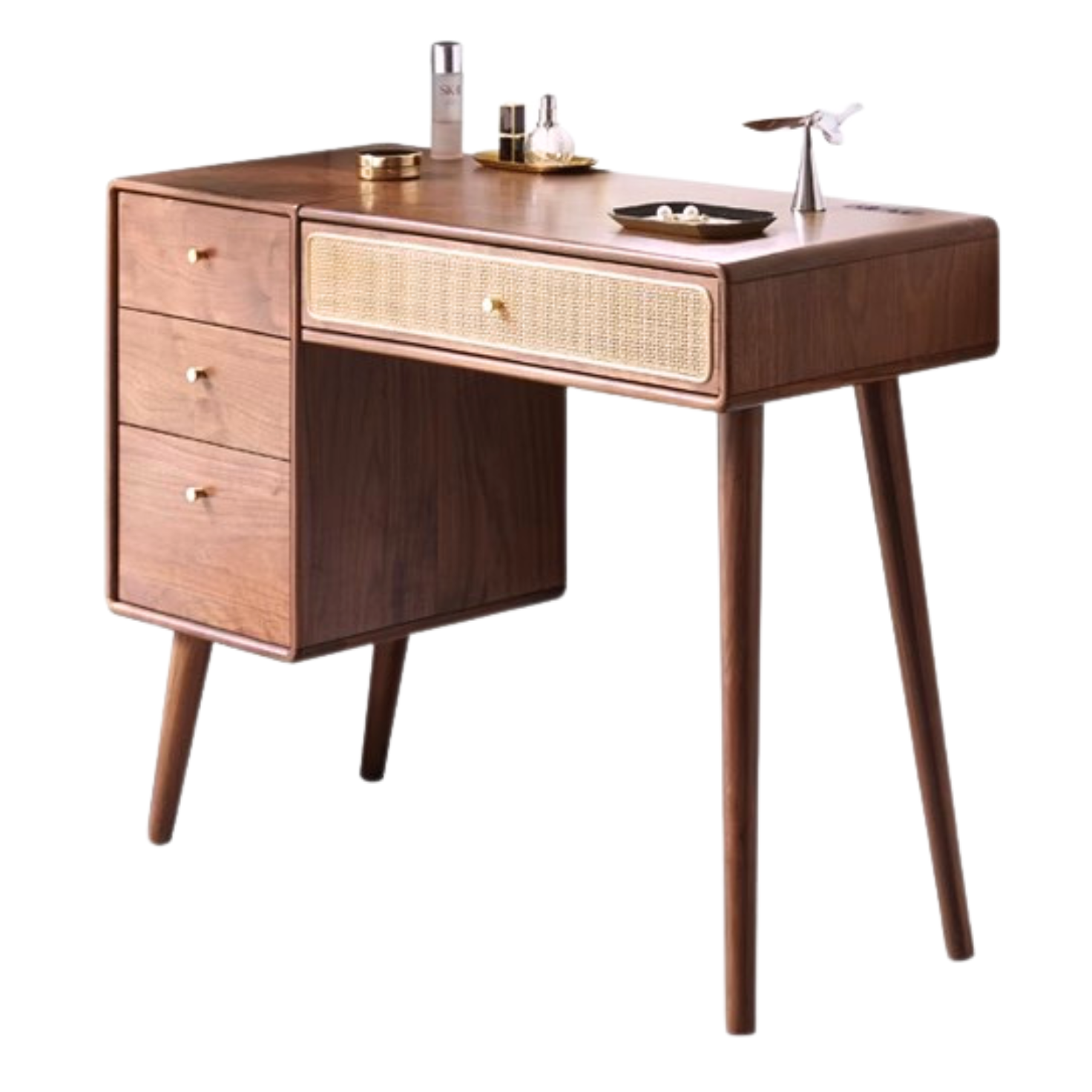 Black Walnut Solid Wood Rattan Dressing Table.
