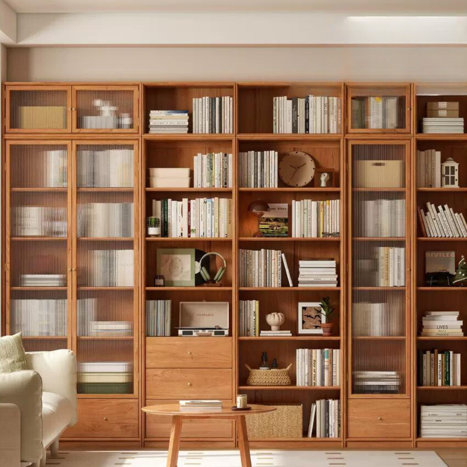 Cherry Wood Combination Bookcase Floor Shelf Glass Door Bookcase