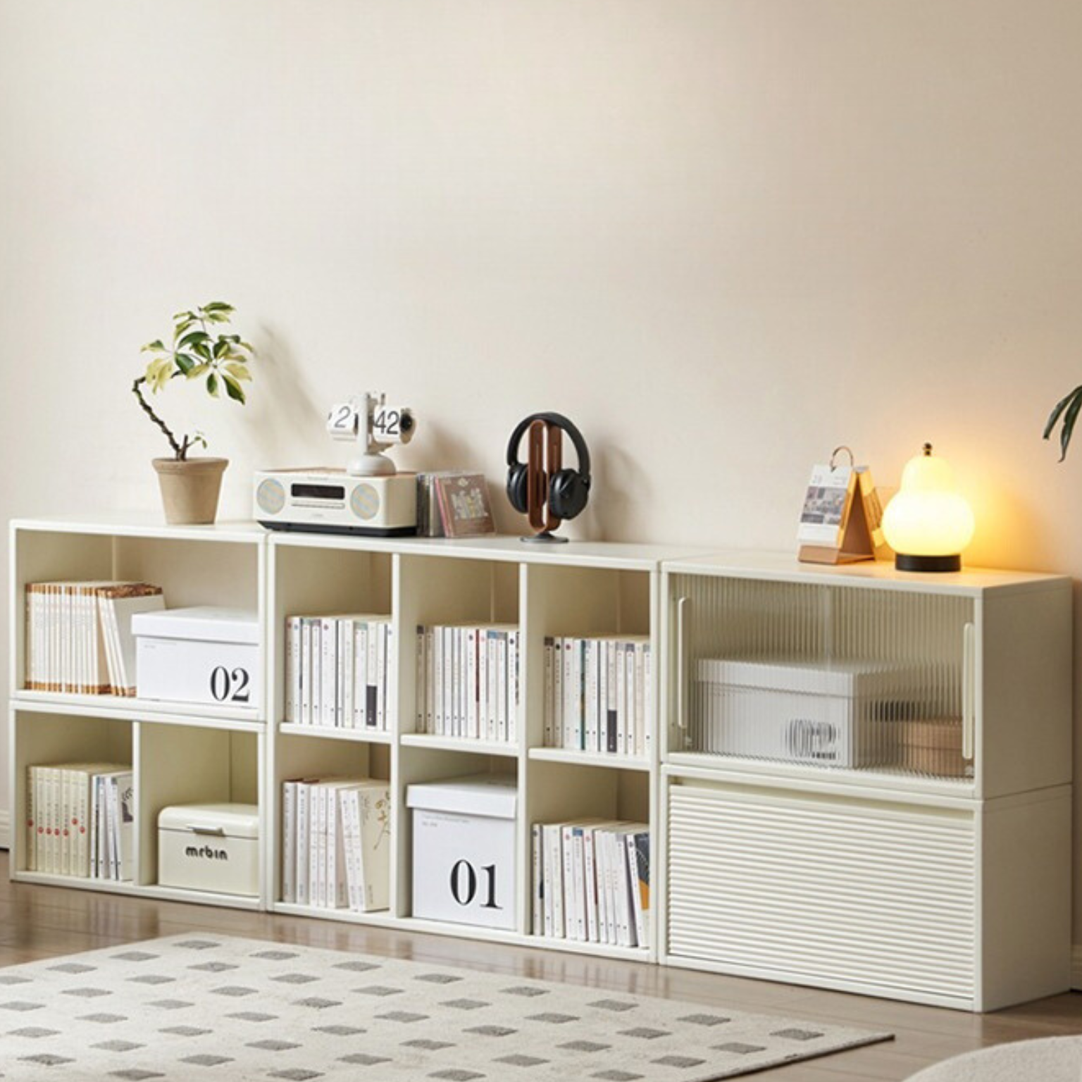 Pine Solid Wood Cream White Lattice Storage Low Bookcase