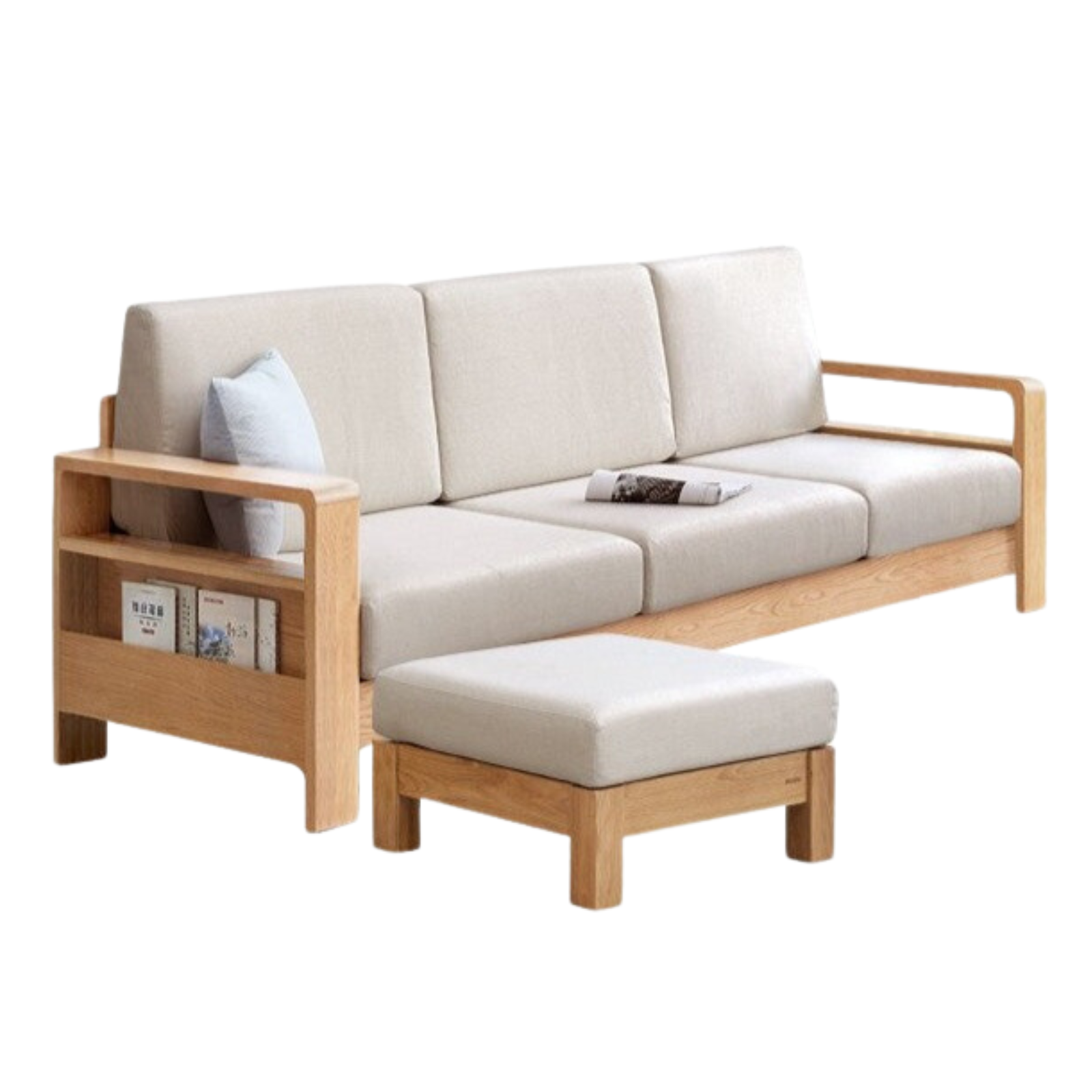 Solid Rubberwood, Oak Solid Wood Cotton Fabric Sofa