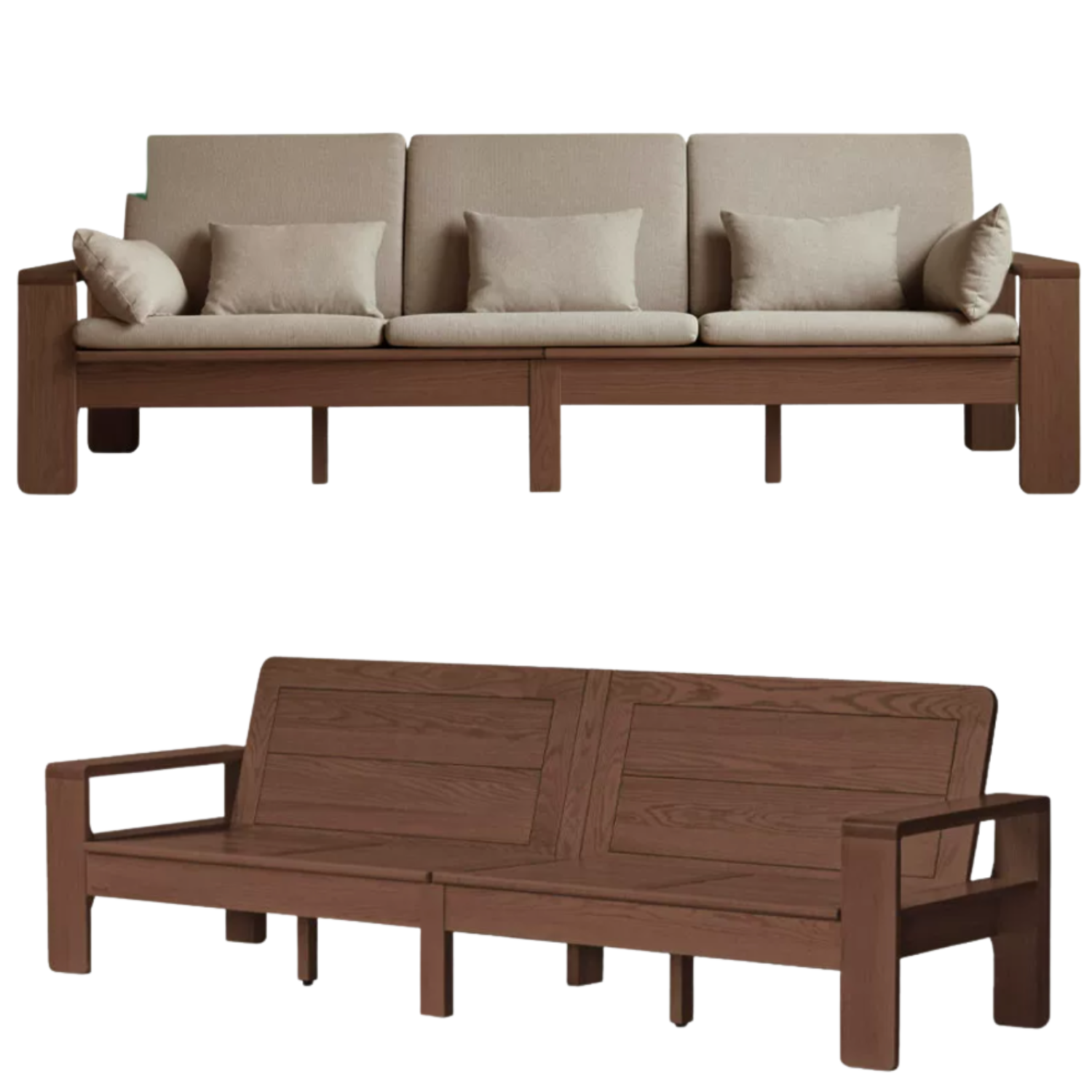 Oak, Rubberwood, Ash solid wood Frame Sofa with Vertical Slat Back and Linen Cushions