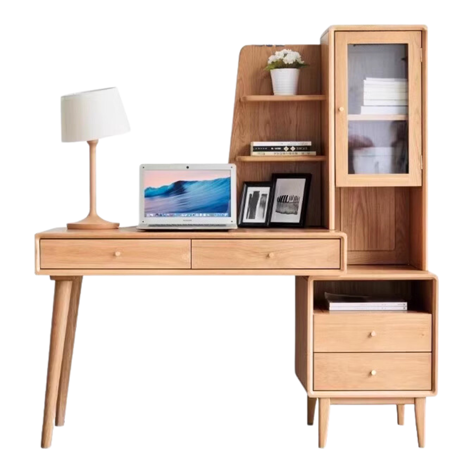 Oak Solid Wood Bookshelf and Office Desk Combination