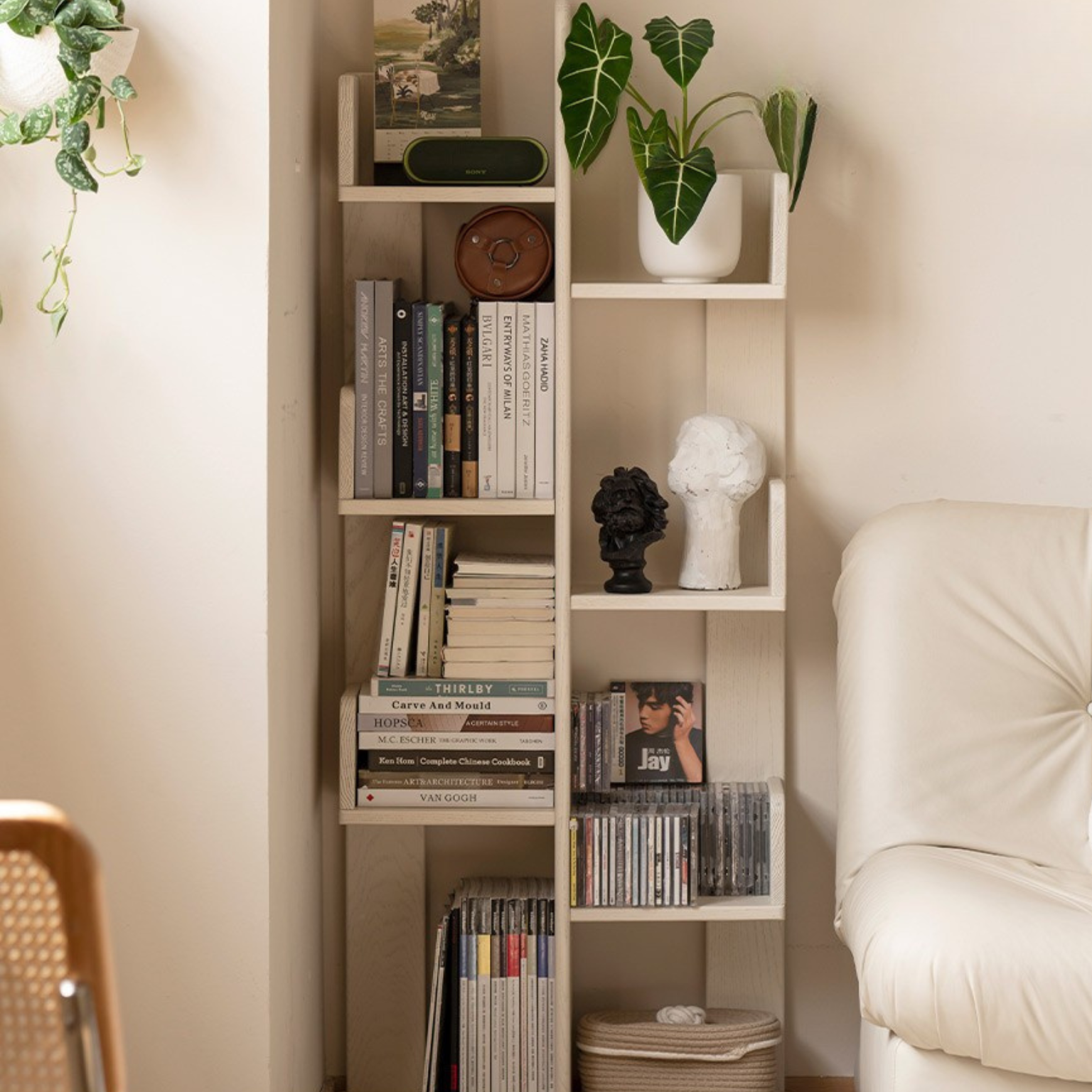 Oak Solid Wood Floor to Floor Cream Cactus Shelf Corner Bookcase Display<