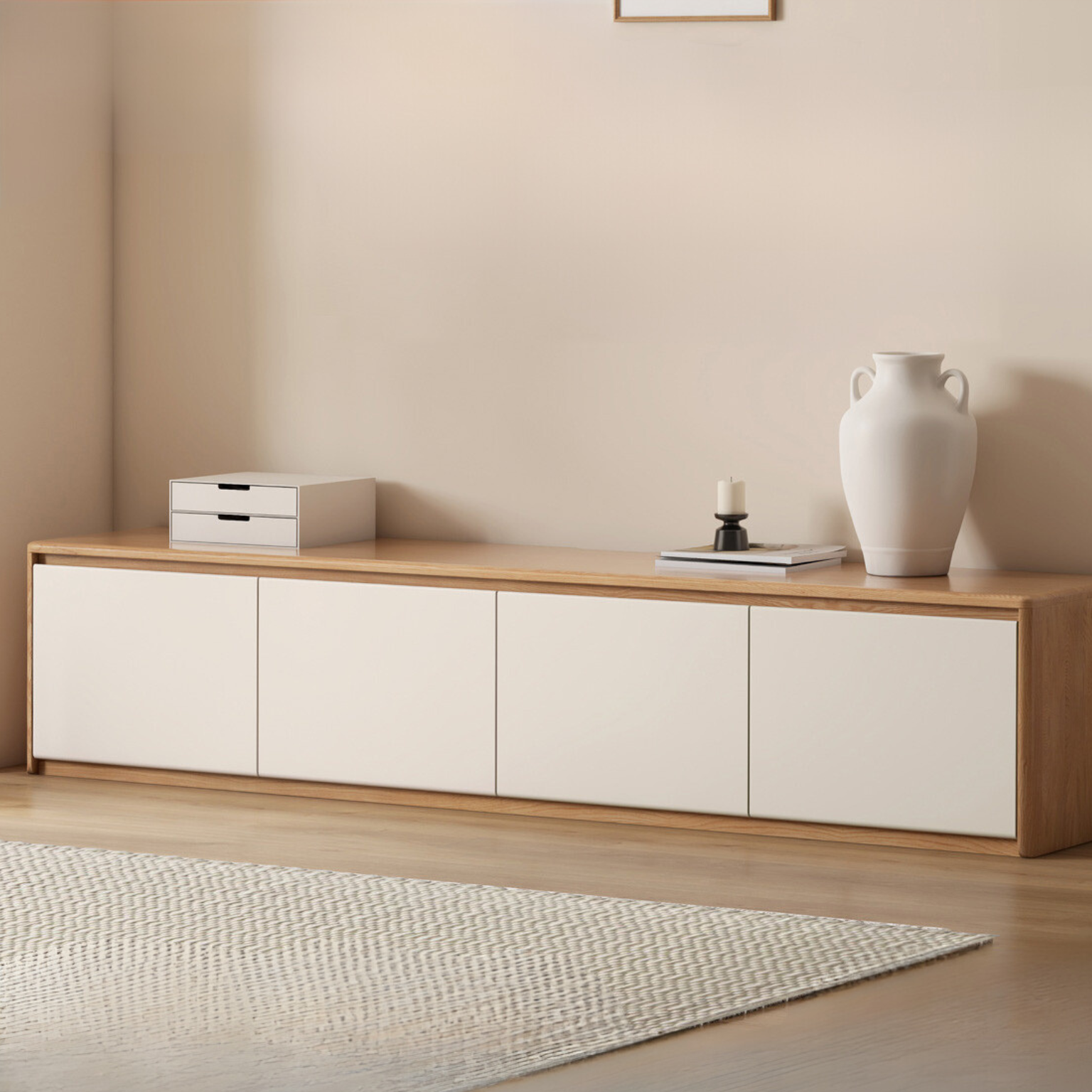 Beech, Oak Solid Wood Modern White Integrated Log Floor TV Cabinet.