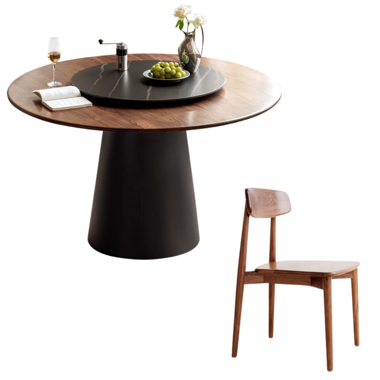 Black Walnut, Oak Solid Wood, Sandalwood Rock Slab Round Dining Table