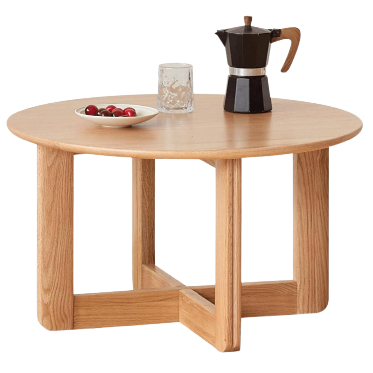 Oak Solid Wood Round Coffee Table with Cross-Leg Base