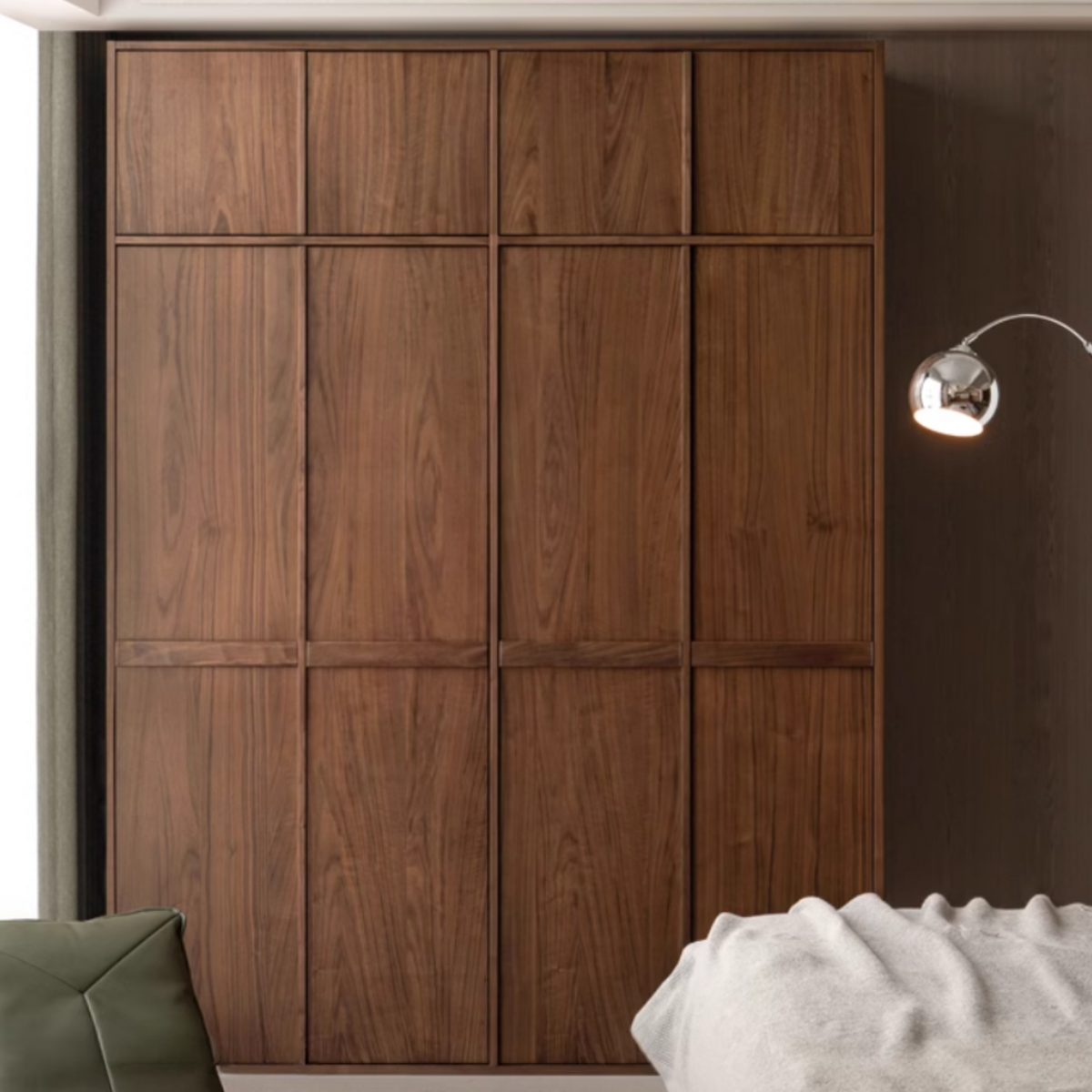 Black Walnut, Ash, Cherry Wood Wardrobe Armoire with Recessed Grid Panel Doors