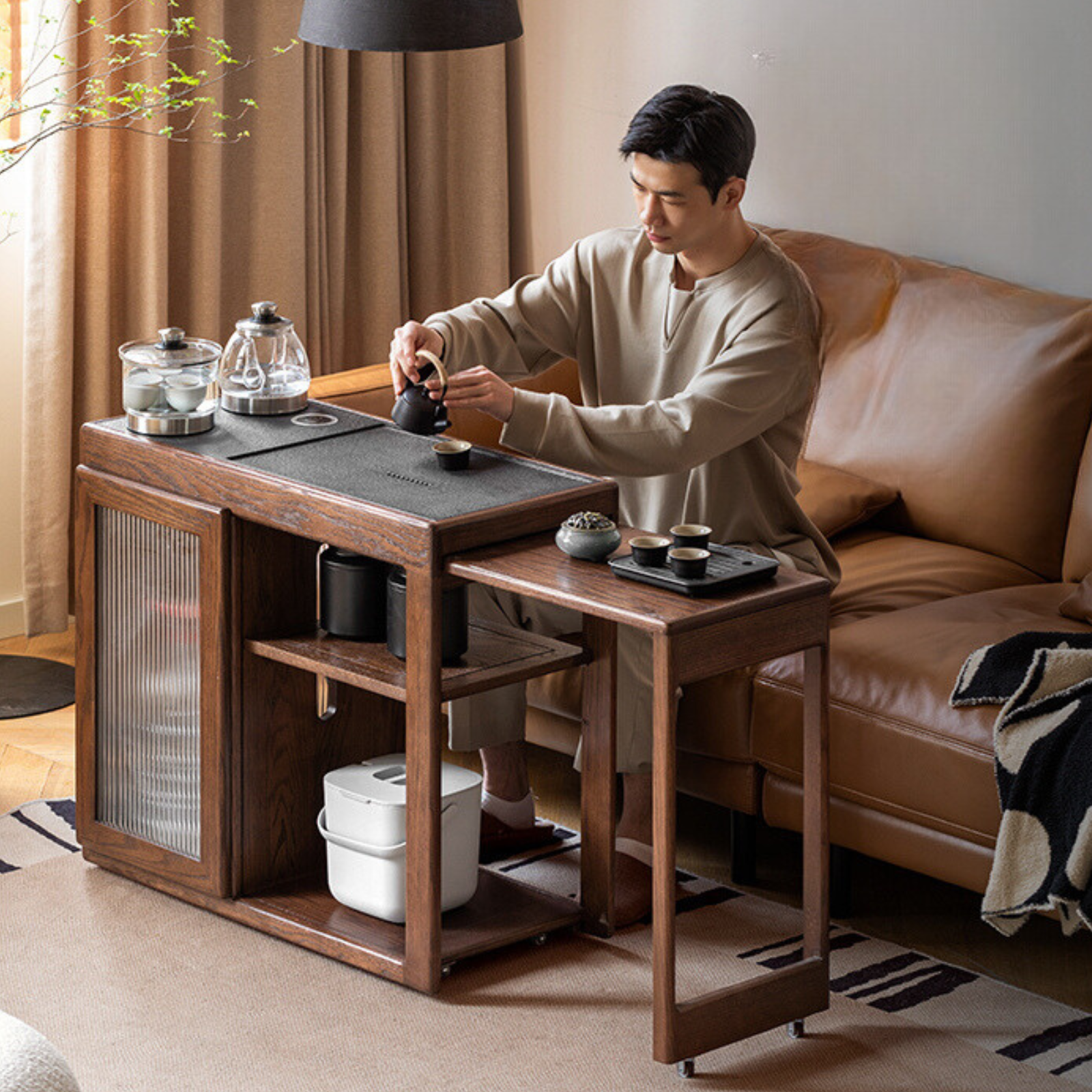 Oak, Ash Solid Wood Retractable Tea Table Tea Maker Integrated