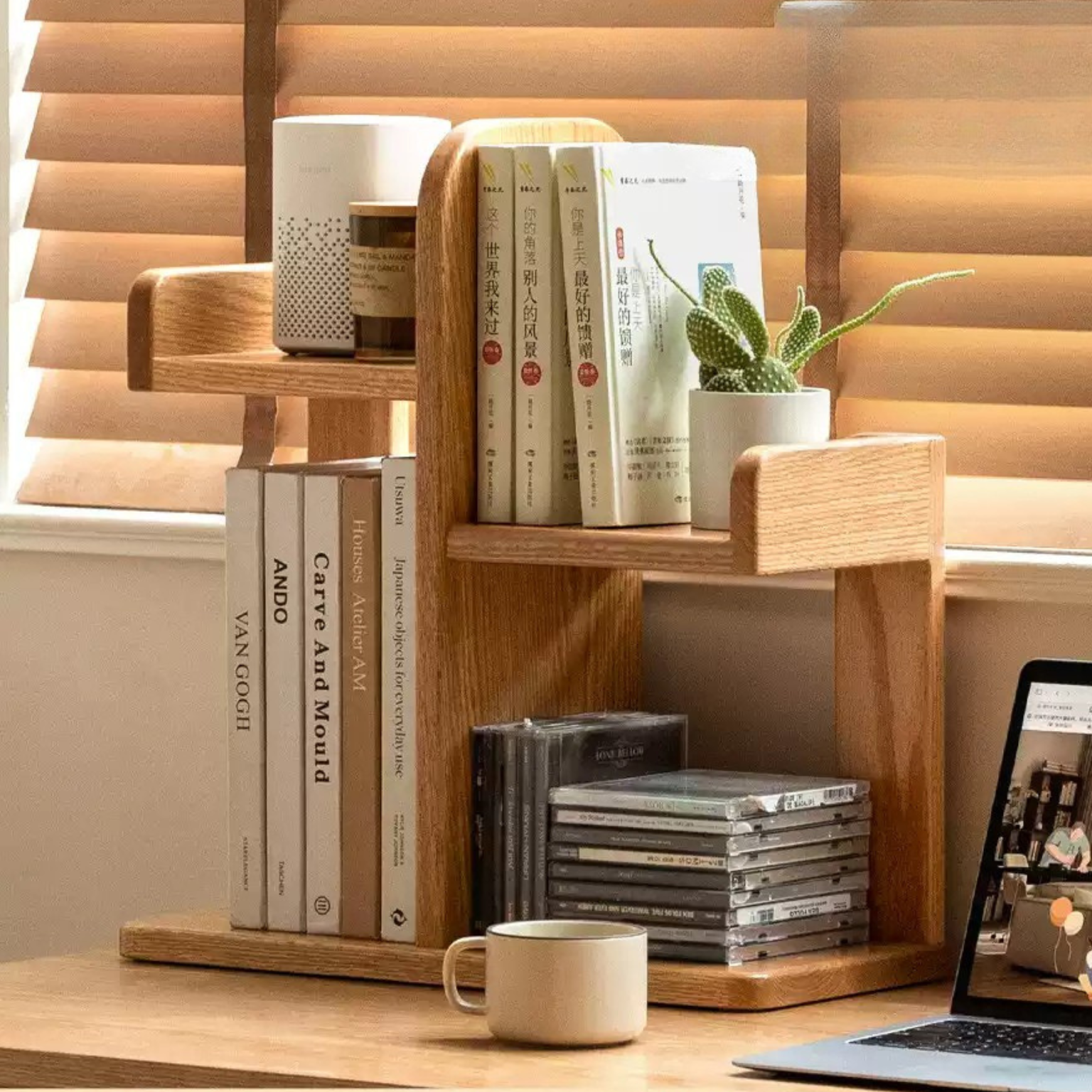 Oak, Solid RubberWood Desktop Multi-Layer Bookshelf