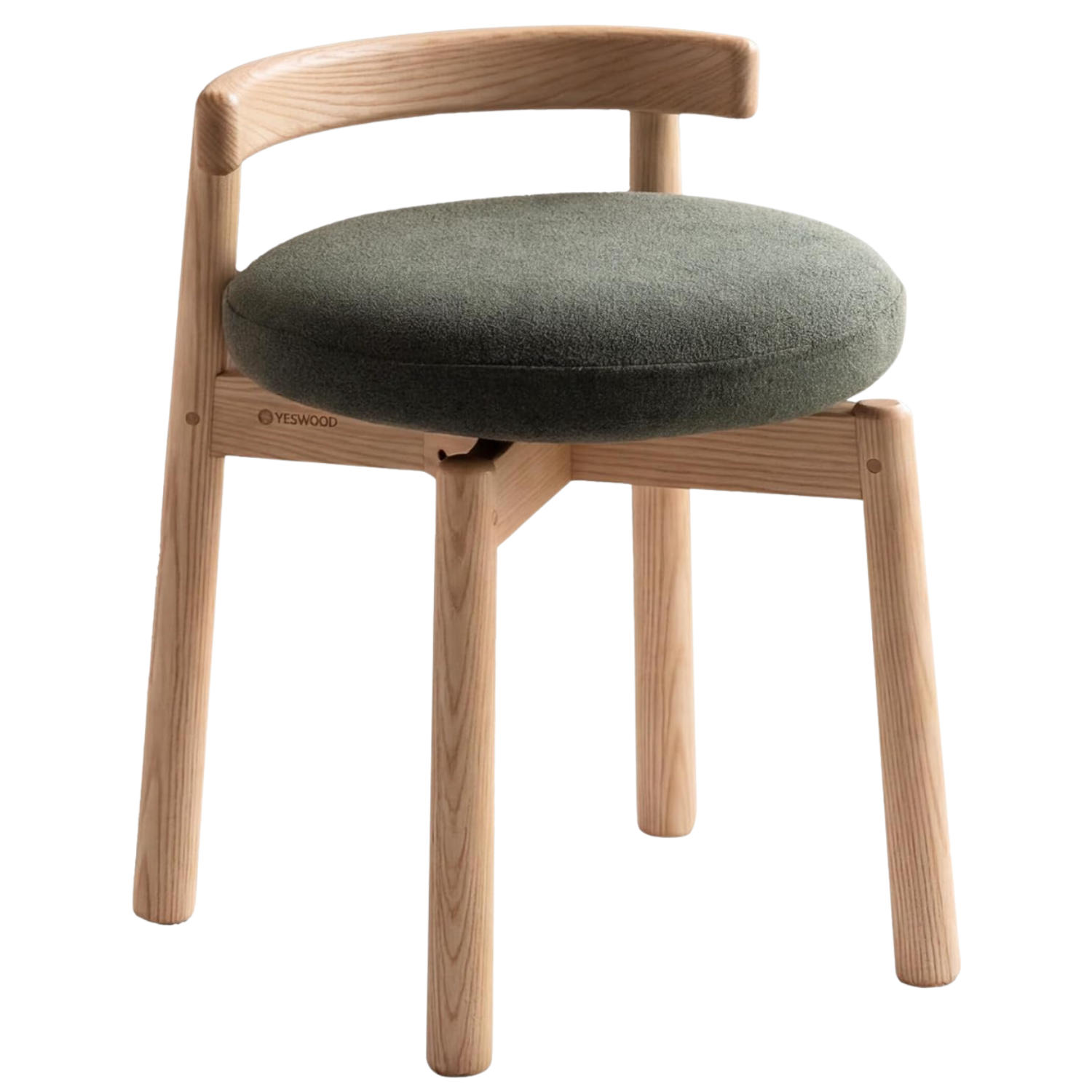 Oak, Solid RubberWood, Ash Round Vanity Stool with Curved Low Back