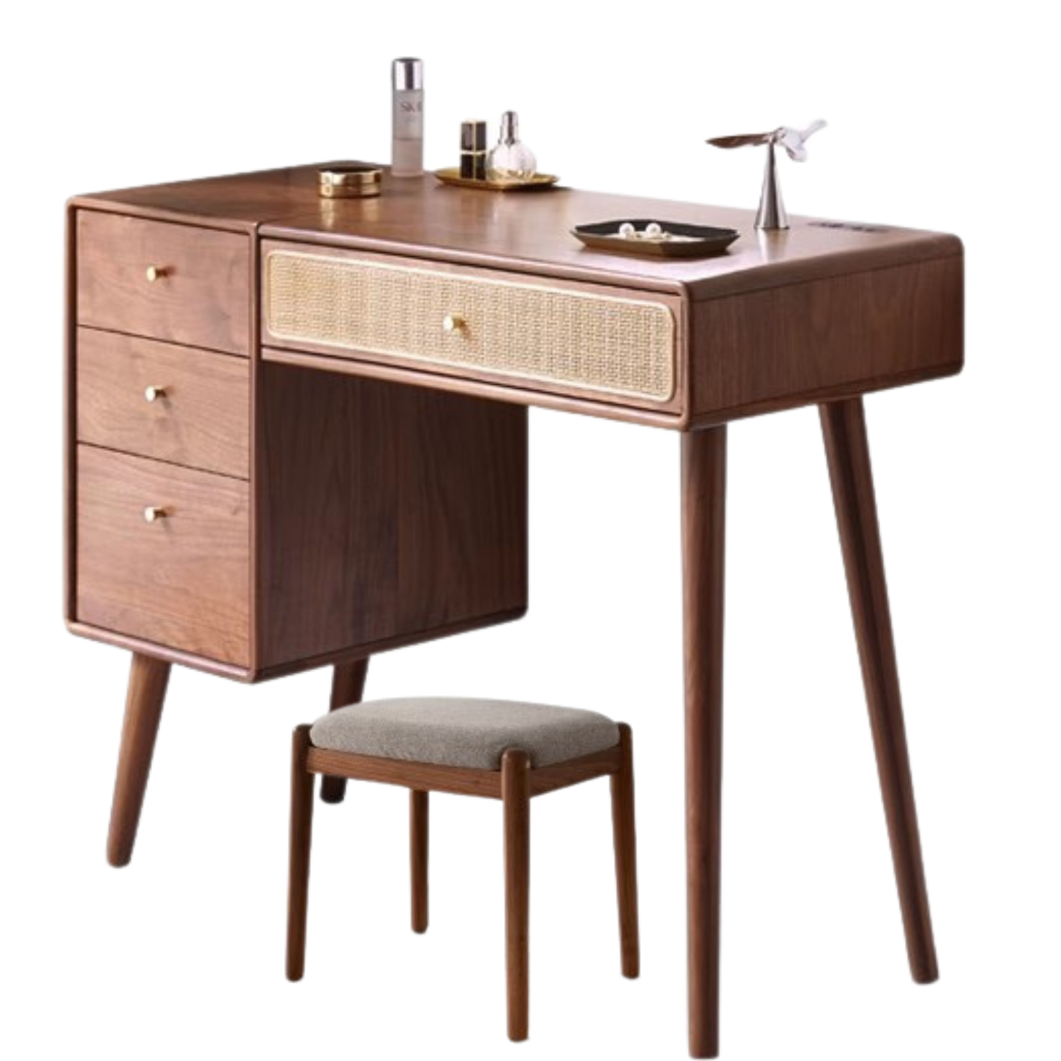 Black Walnut Solid Wood Rattan Dressing Table.