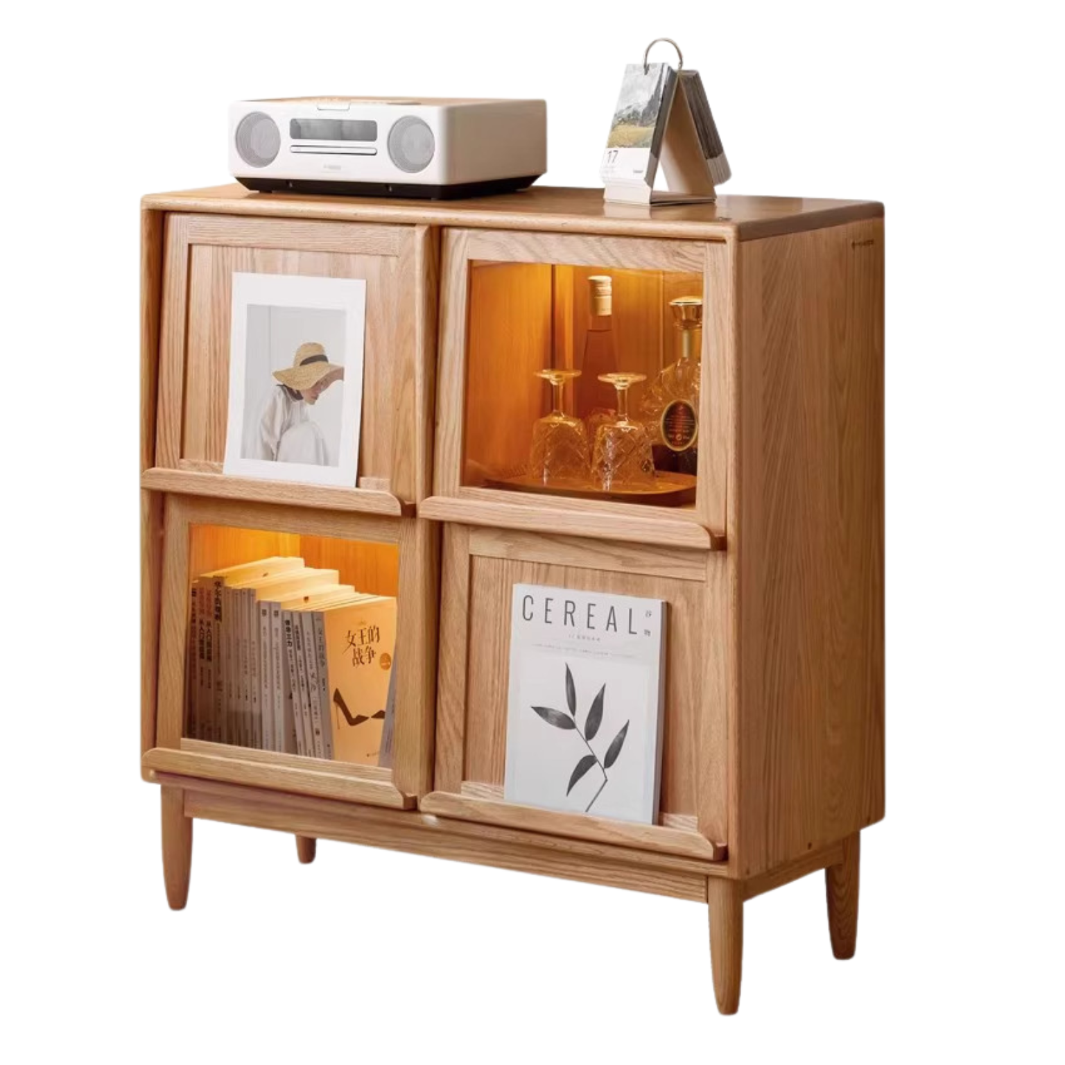 Oak, Сherry Solid Wood Four-Door Bookcase with Light, Magazine Cabinet