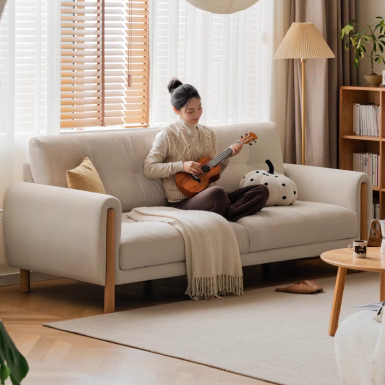 Oak Solid Wood Fabric White Cream Style Cat Scratching Cloth Sofa.