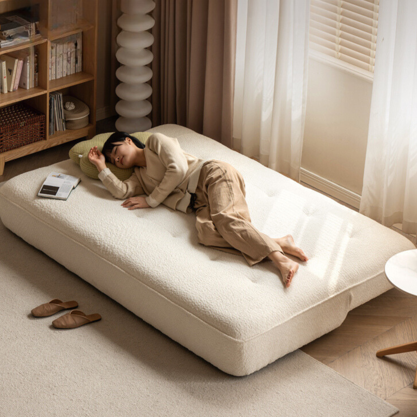 Fabric Sofa White Cream Style Sitting and Sleeping Sofa.