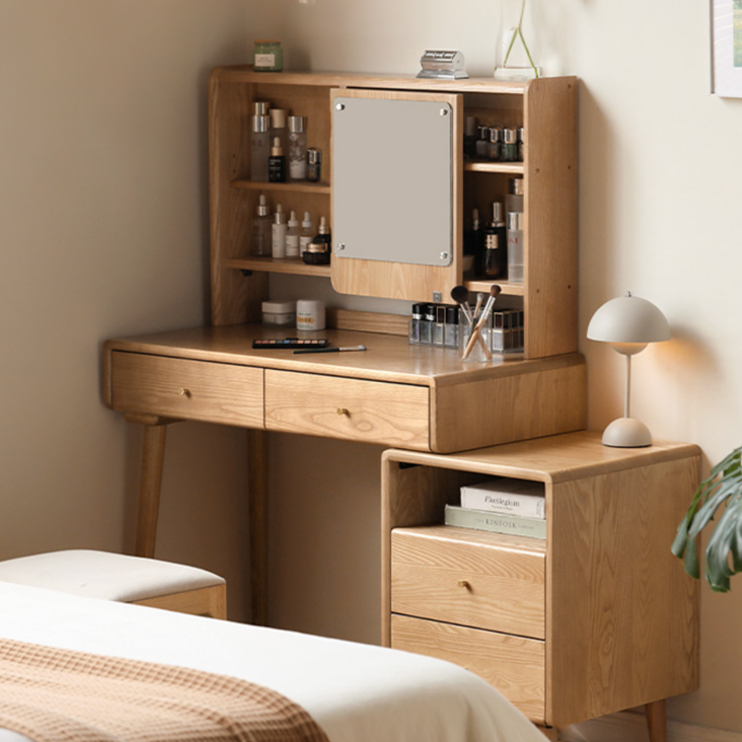 Ash Solid Wood Vanity Table with Mirror Shelf & Flip Cover.