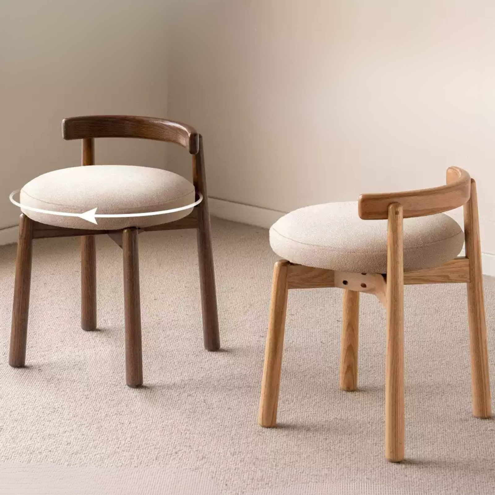 Black Walnut, Oak, Solid Wood, Solid Rubberwood Rotating Modern Soft Makeup Stool
