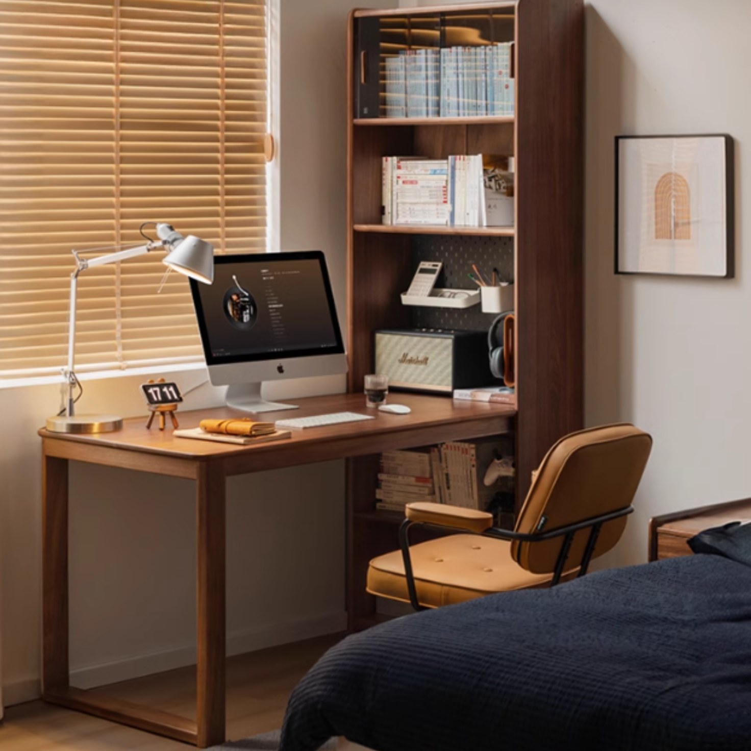 Black Walnut Solid Wood Light Luxury Style Storage Cabinet Integrated Office Desk.