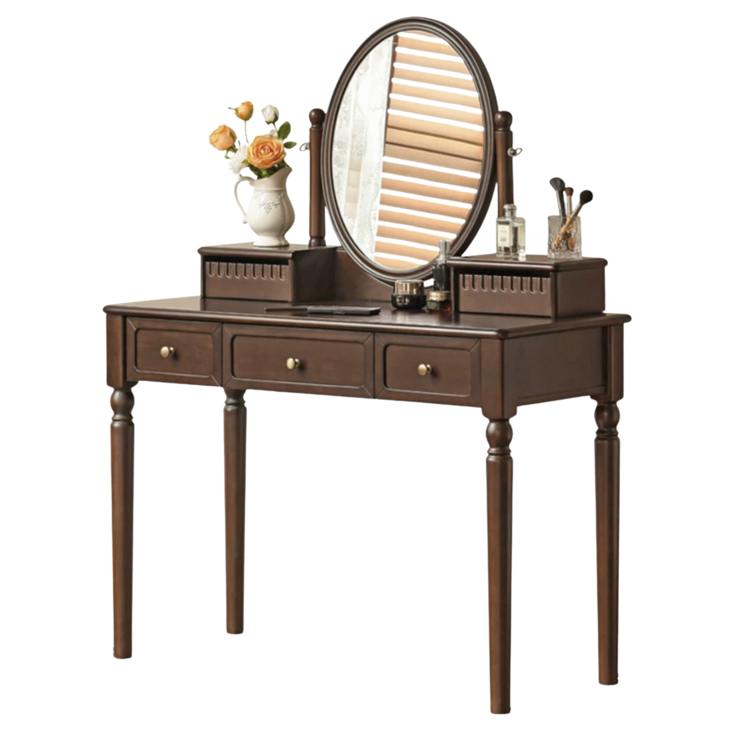 Poplar Solid Wood American Retro Style Vanity Table with Makeup Mirror