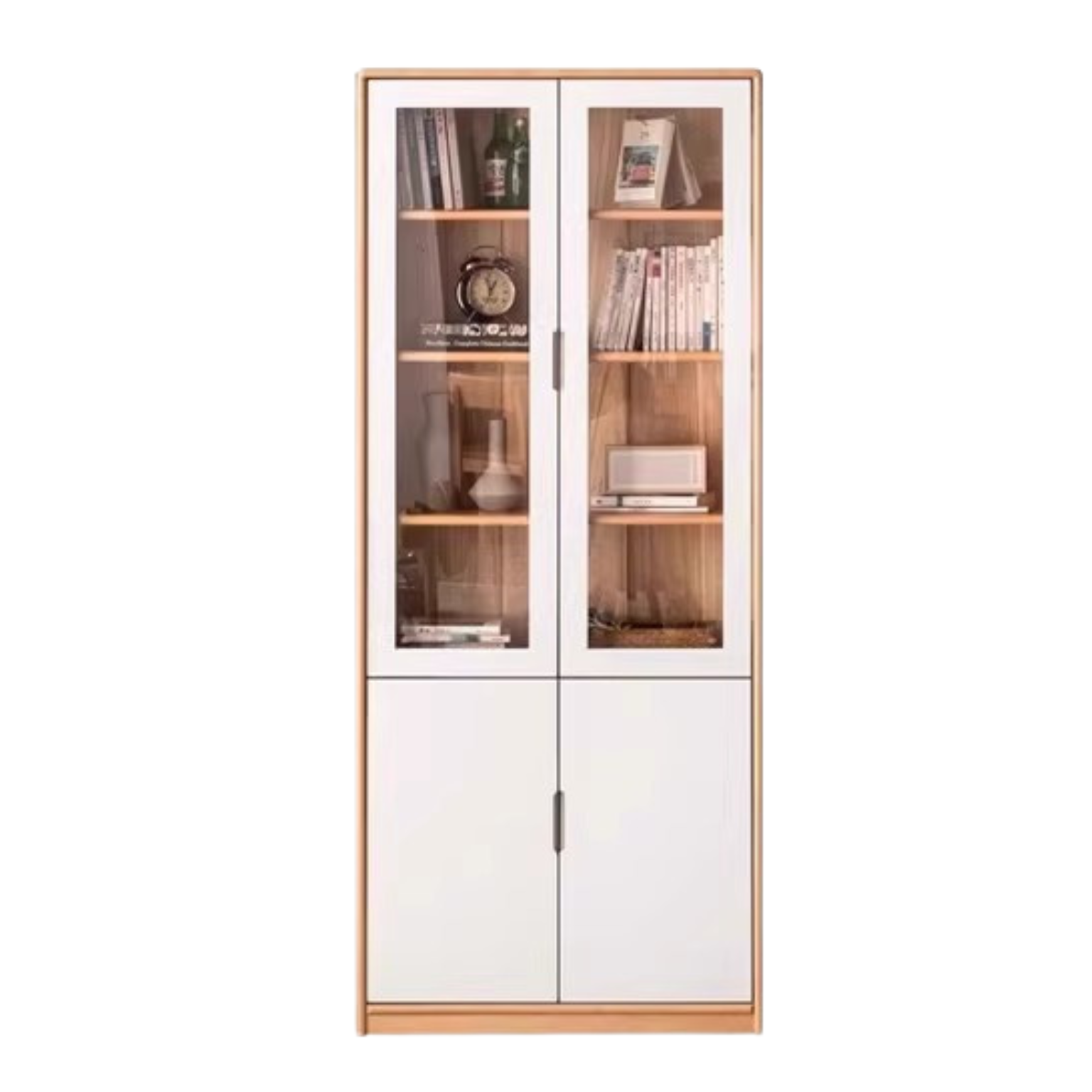 European Beech, Oak Solid Wood Floor-Standing Bookshelf with Glass Door Display