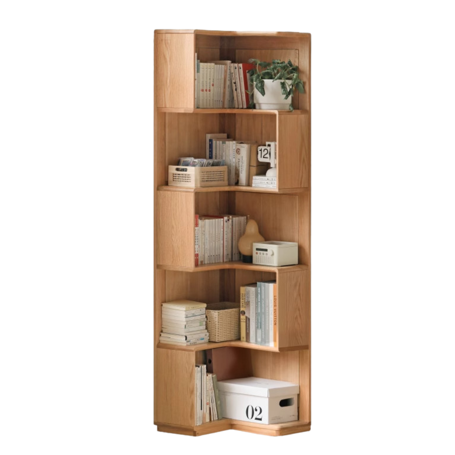 Oak Solid Wood Corner Bookshelf with Floor-Standing Storage Cabinet