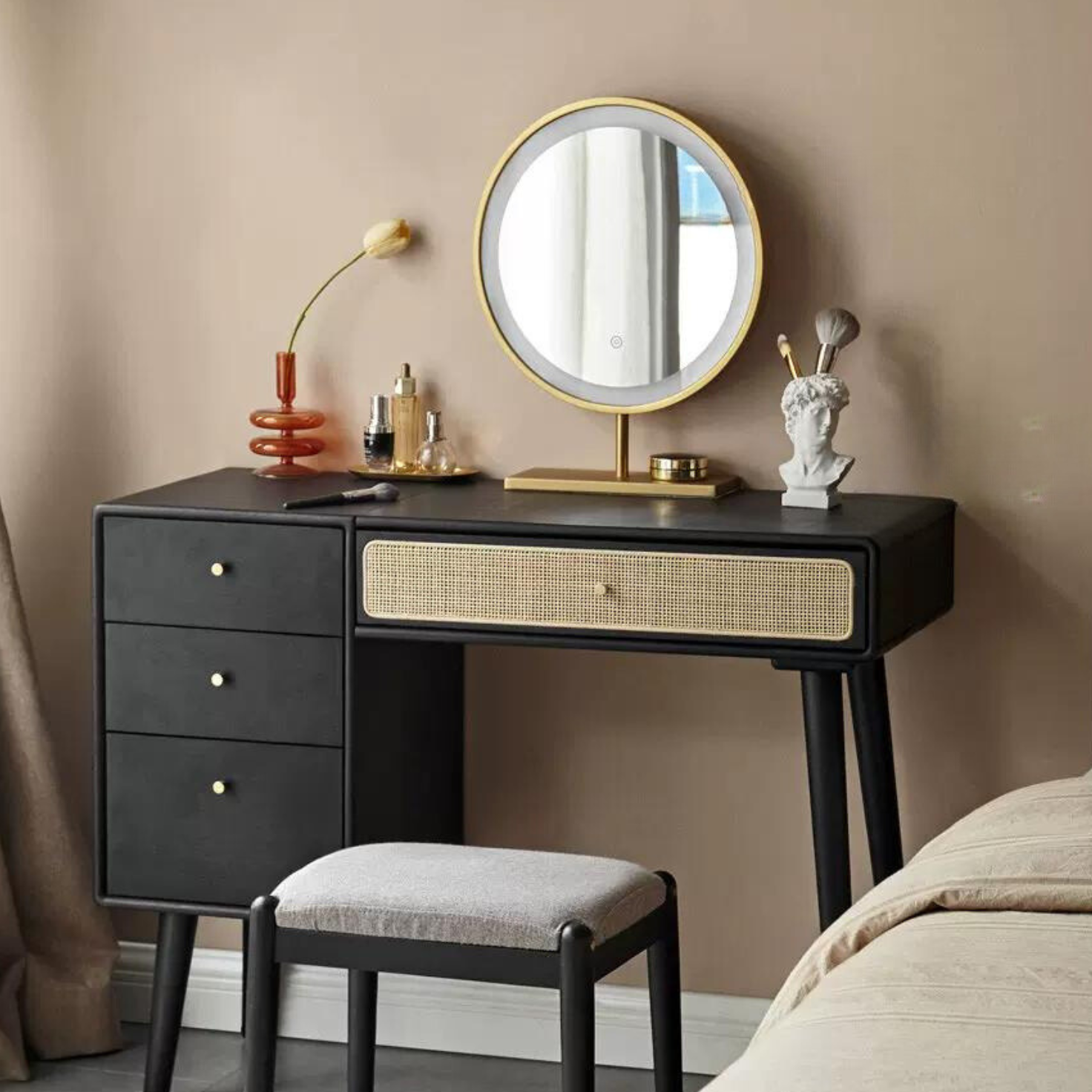 Oak Solid Wood Black Vintage Makeup Dressing Table.
