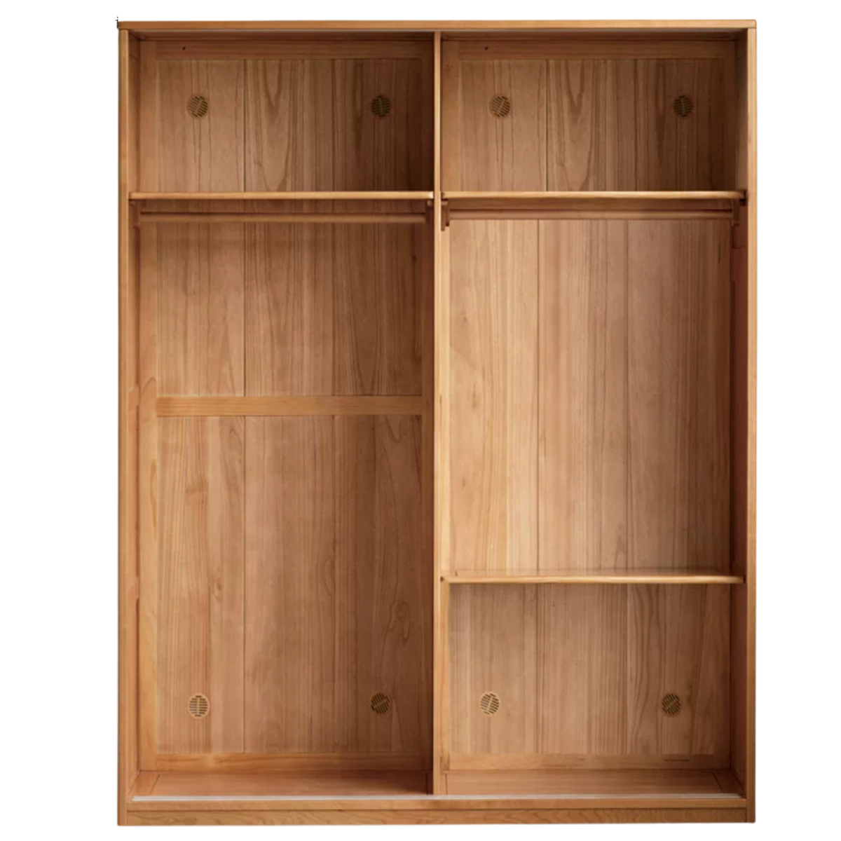 Cherry Wood Sliding Door Wardrobe Armoire with Hanging Rod and Shelves