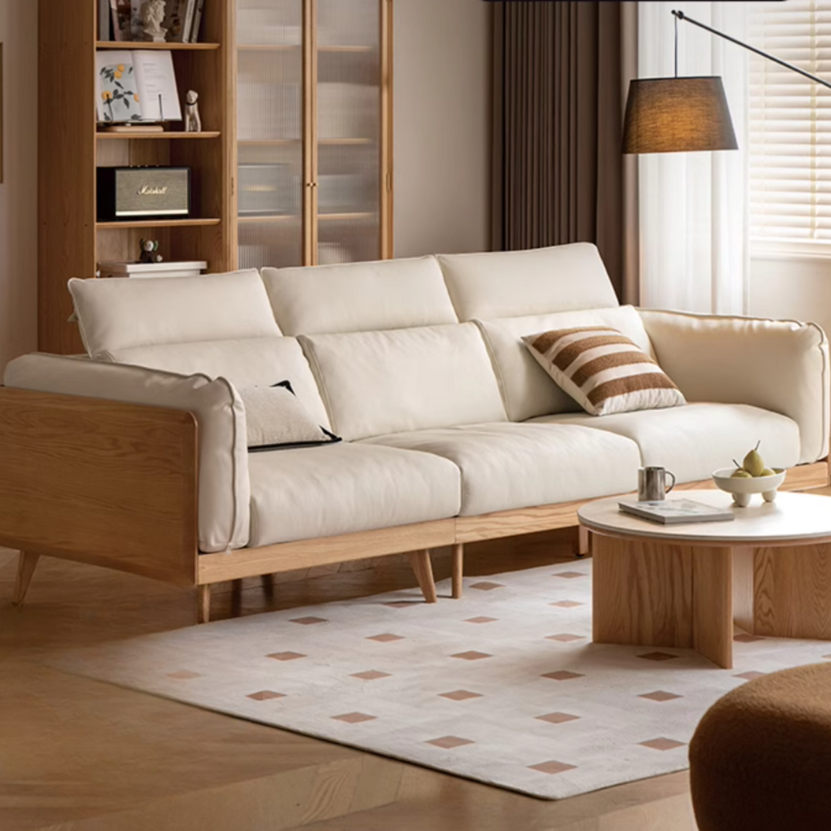Oak, Ash Solid Wood High-Back Sofa with Adjustable Headrests