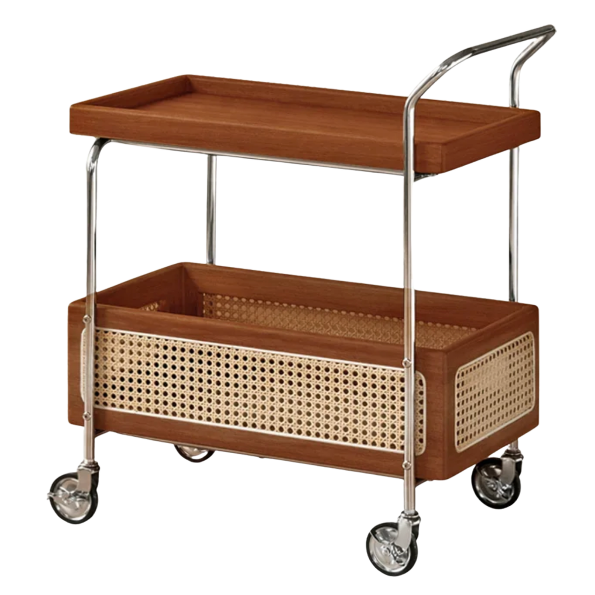 Black Walnut, Ash, Oak, Poplar Solid Wood Side Table with Double Layer Storage and Mobile Trolley