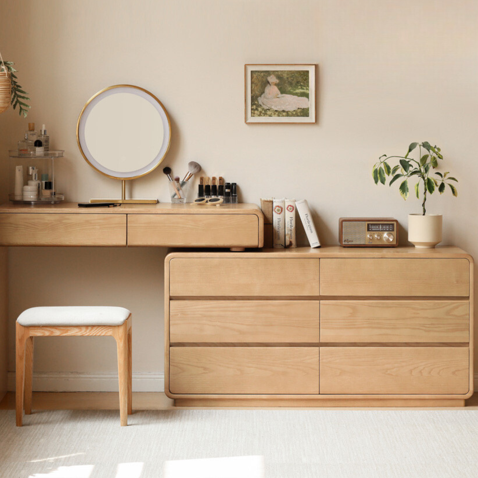 Ash Solid Wood Telescopic Dressing Table Integrated Storage.