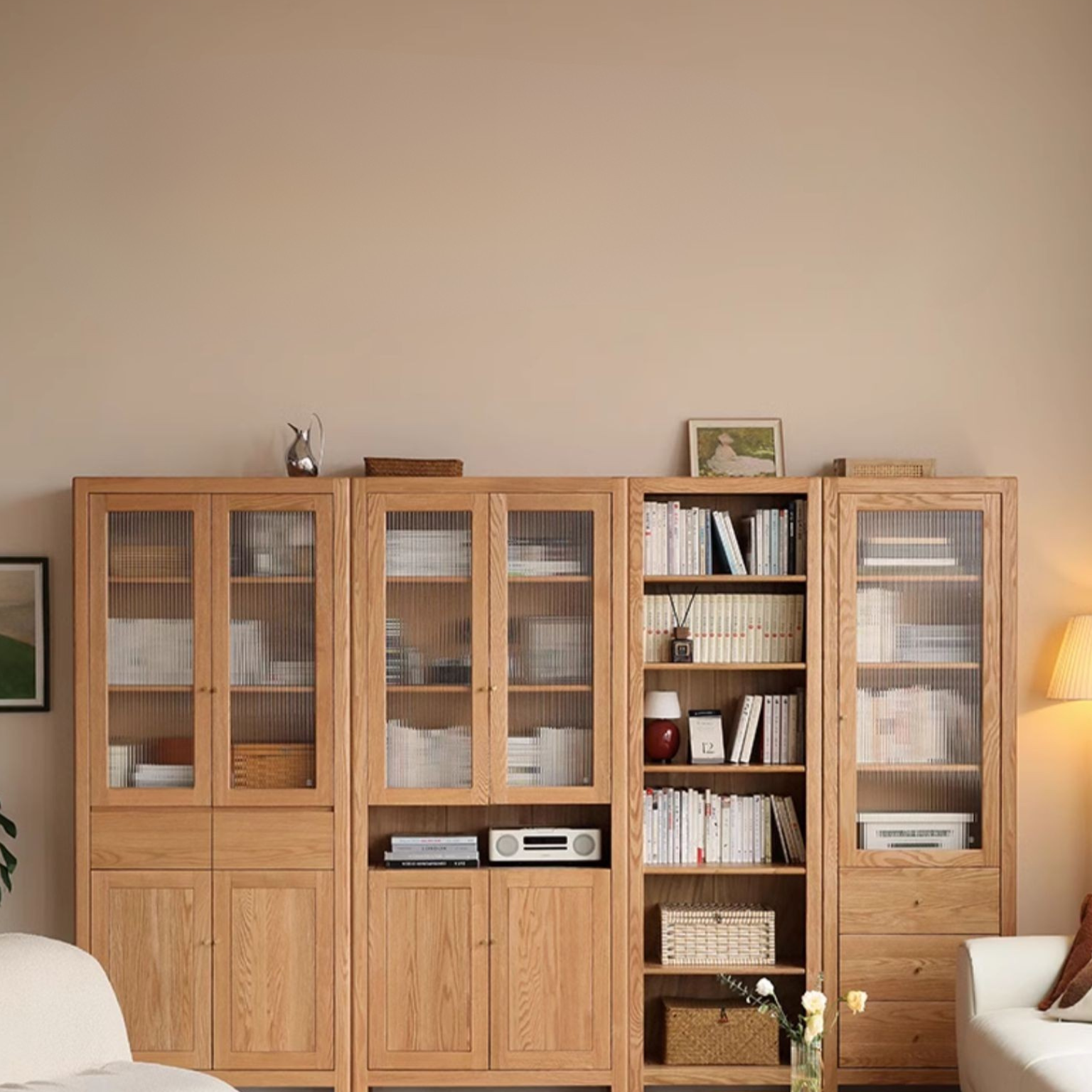 Oak Solid Wood Bookcase With Glass Door.