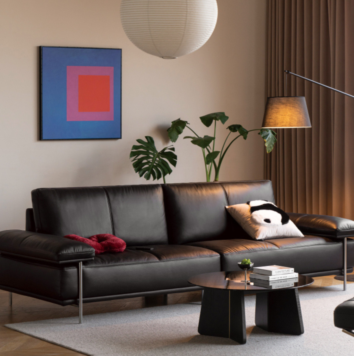 Leather Italian First Layer Yellow Cowhide Straight Sofa.