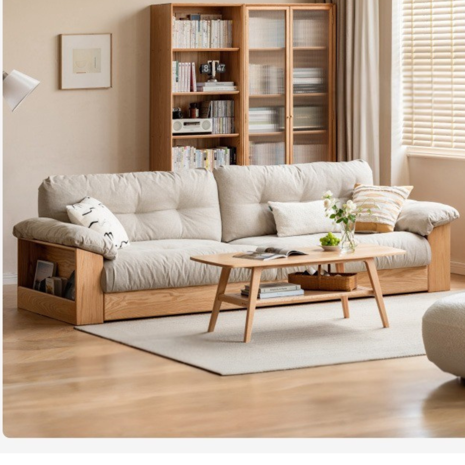 Oak Solid Wood Floor Fabric Sofa, Modern Nordic Storage Design